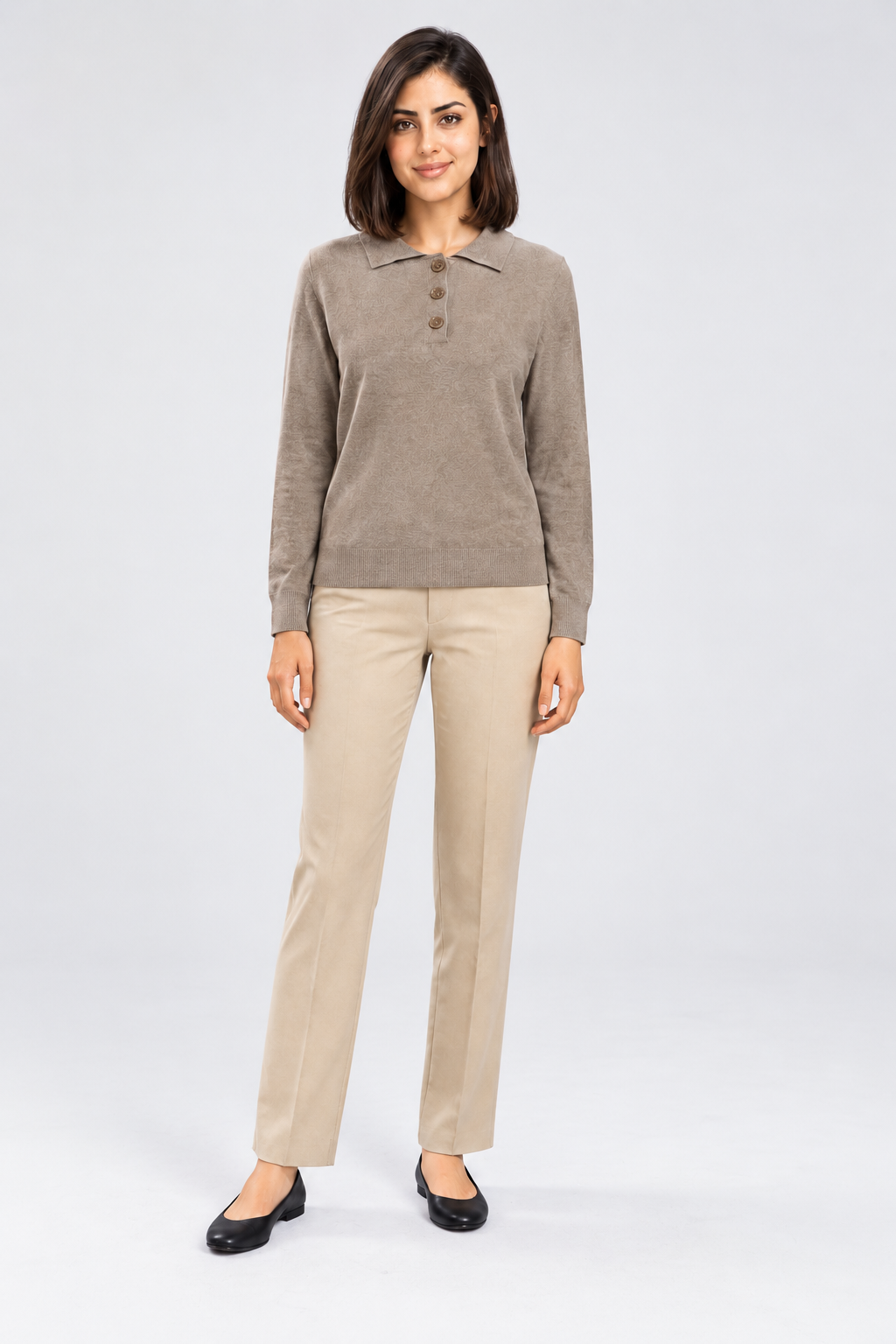 Long Sleeve Knit Polo Collar Top