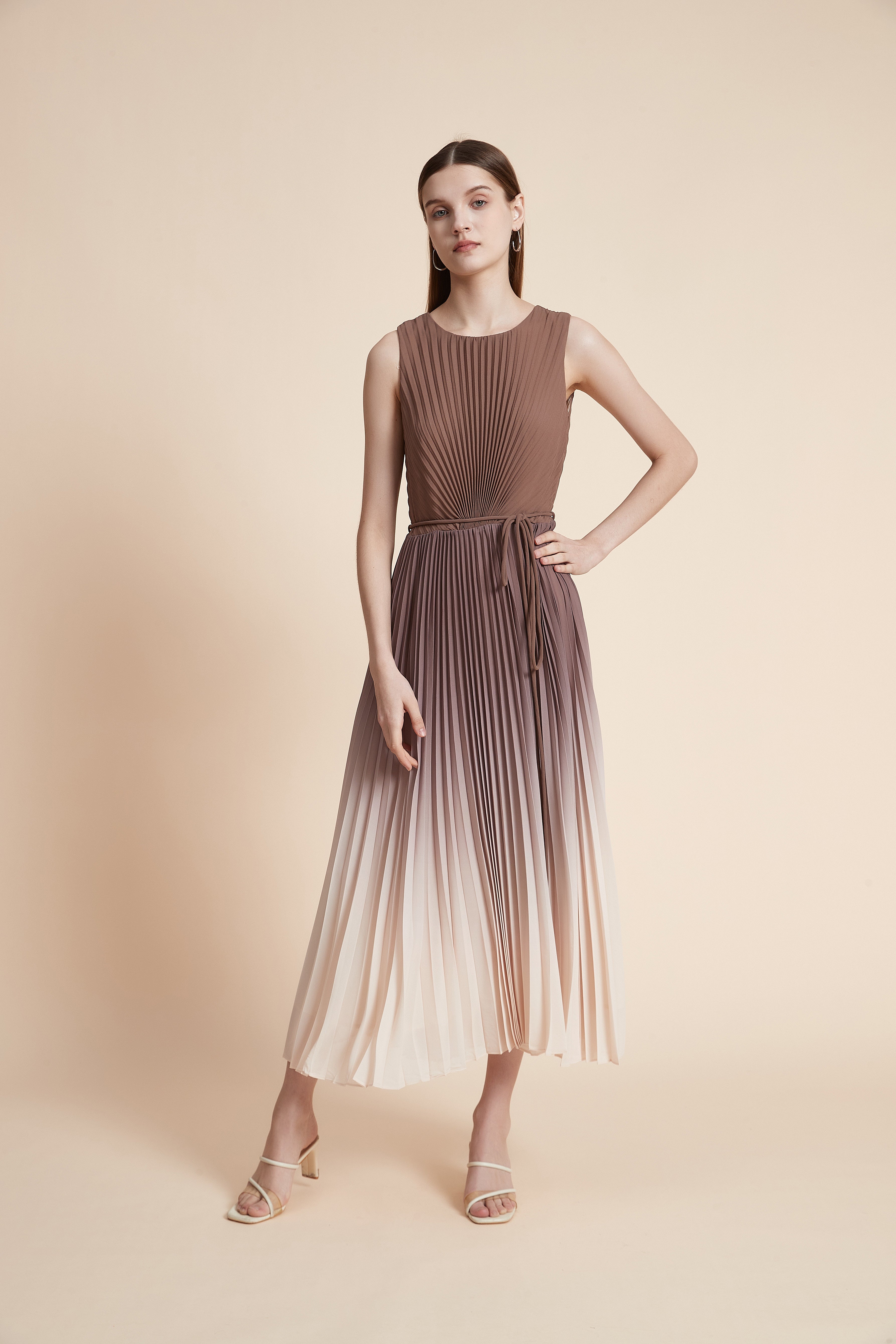 Pleated Midi Dress with Waist Detail - Sleeveless