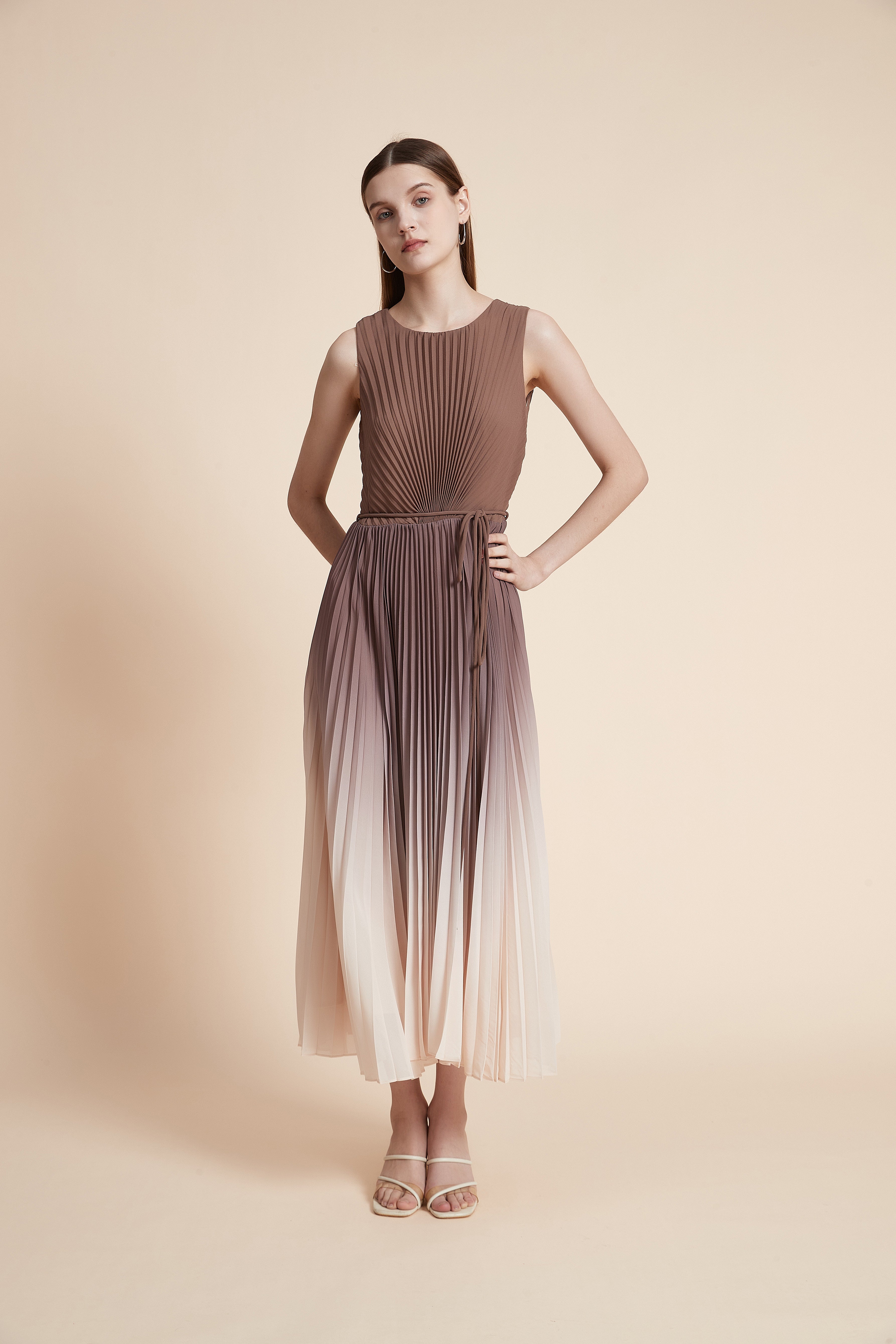 Pleated Midi Dress with Waist Detail - Sleeveless