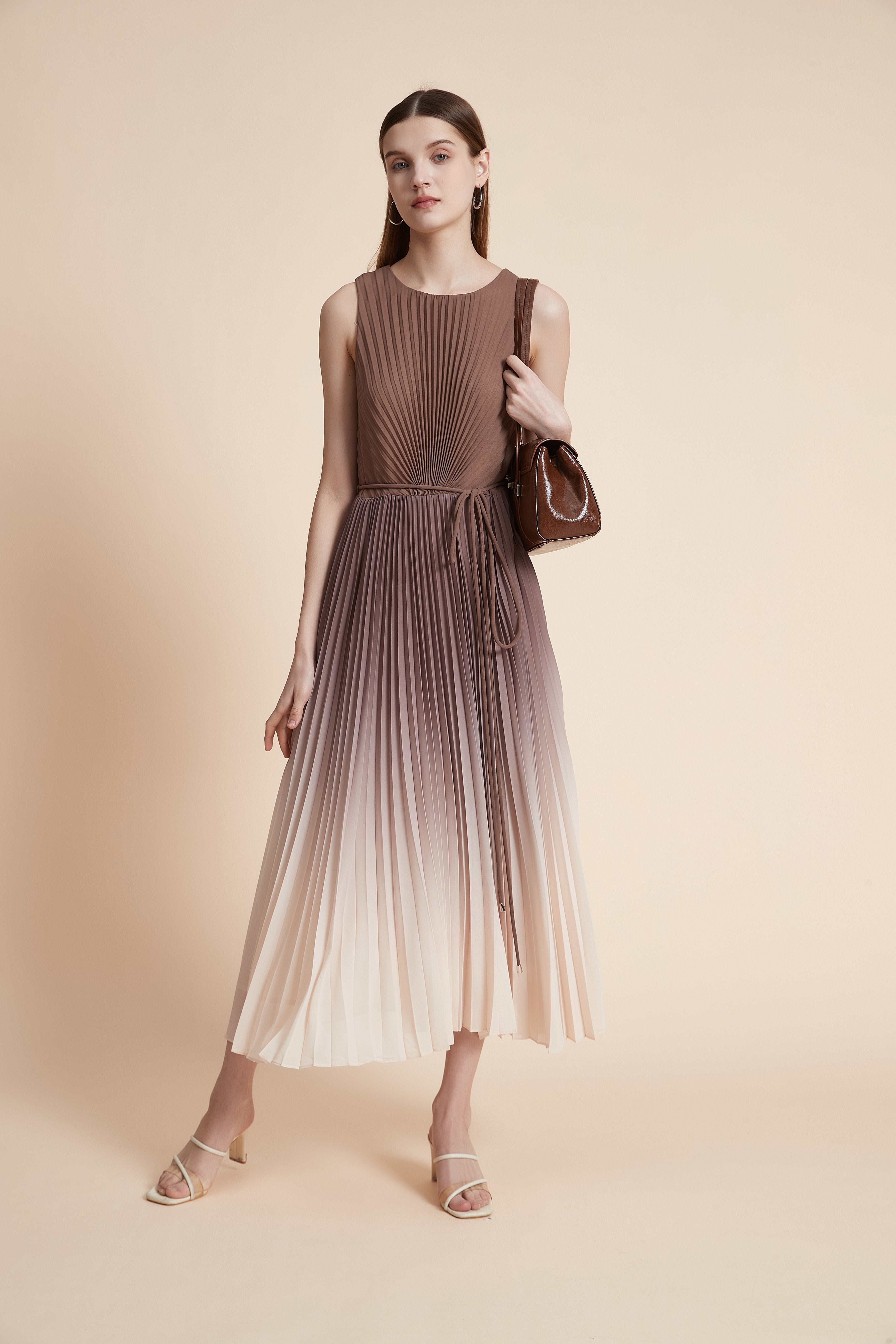 Pleated Midi Dress with Waist Detail - Sleeveless