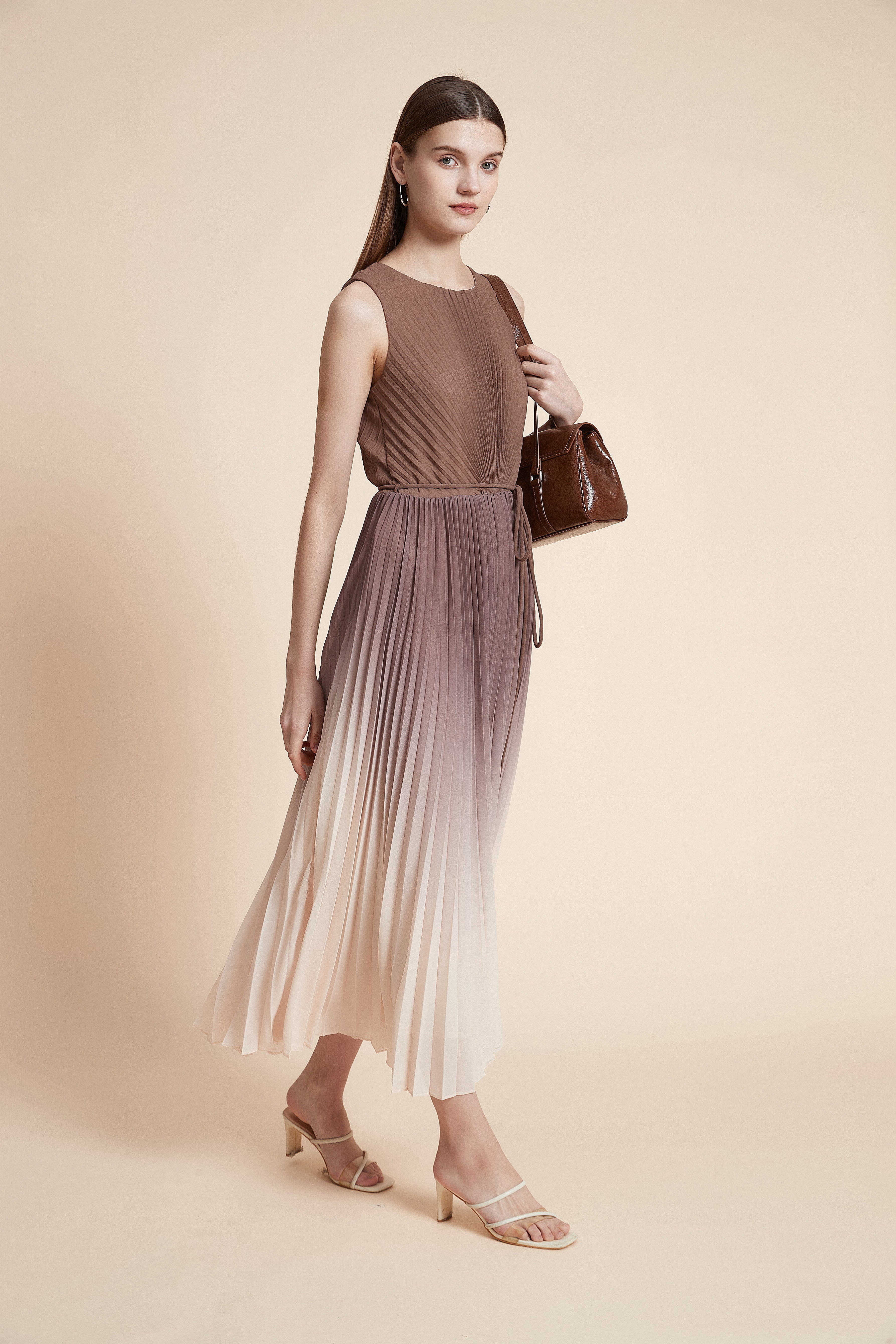 Pleated Midi Dress with Waist Detail - Sleeveless