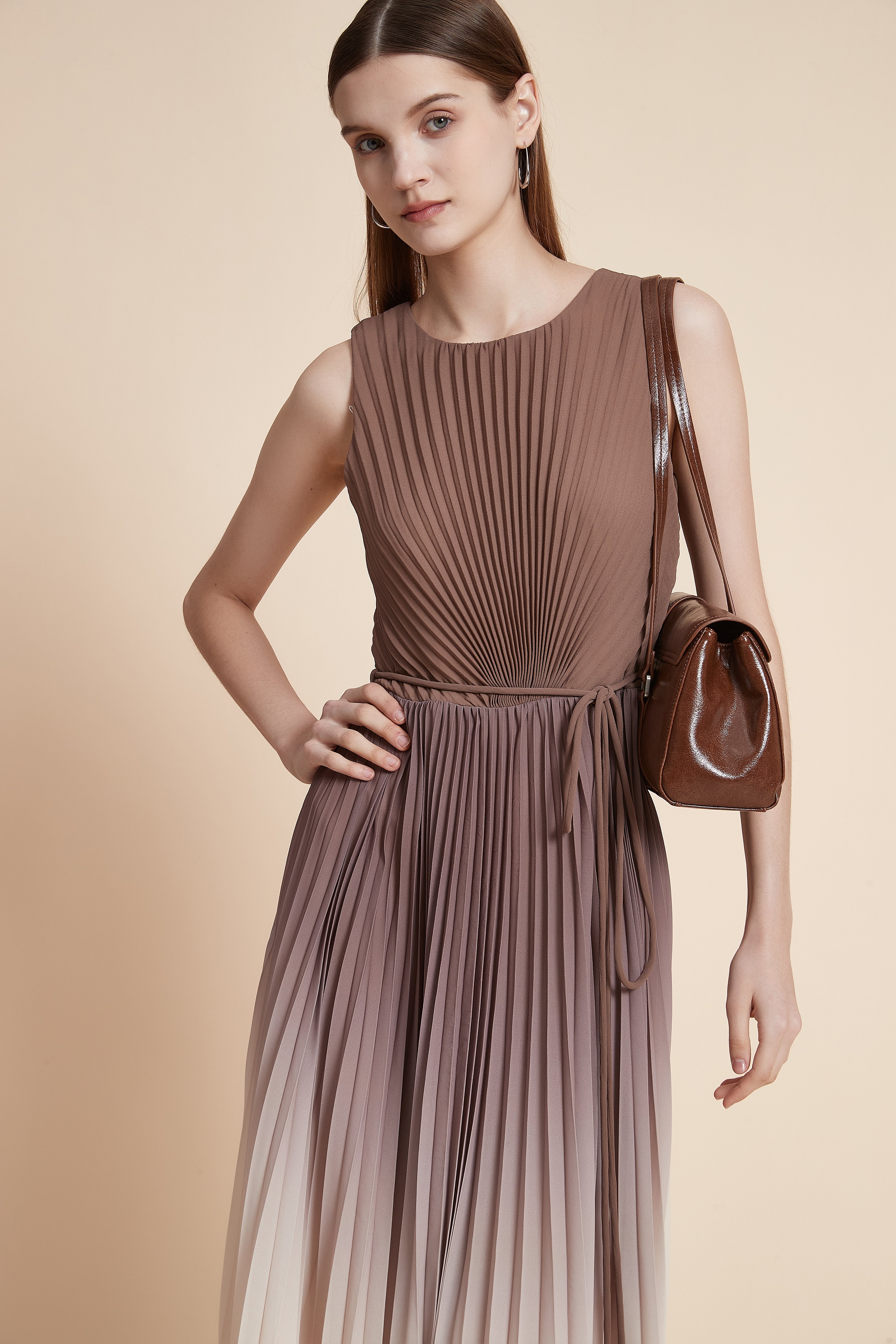 Pleated Midi Dress with Waist Detail - Sleeveless
