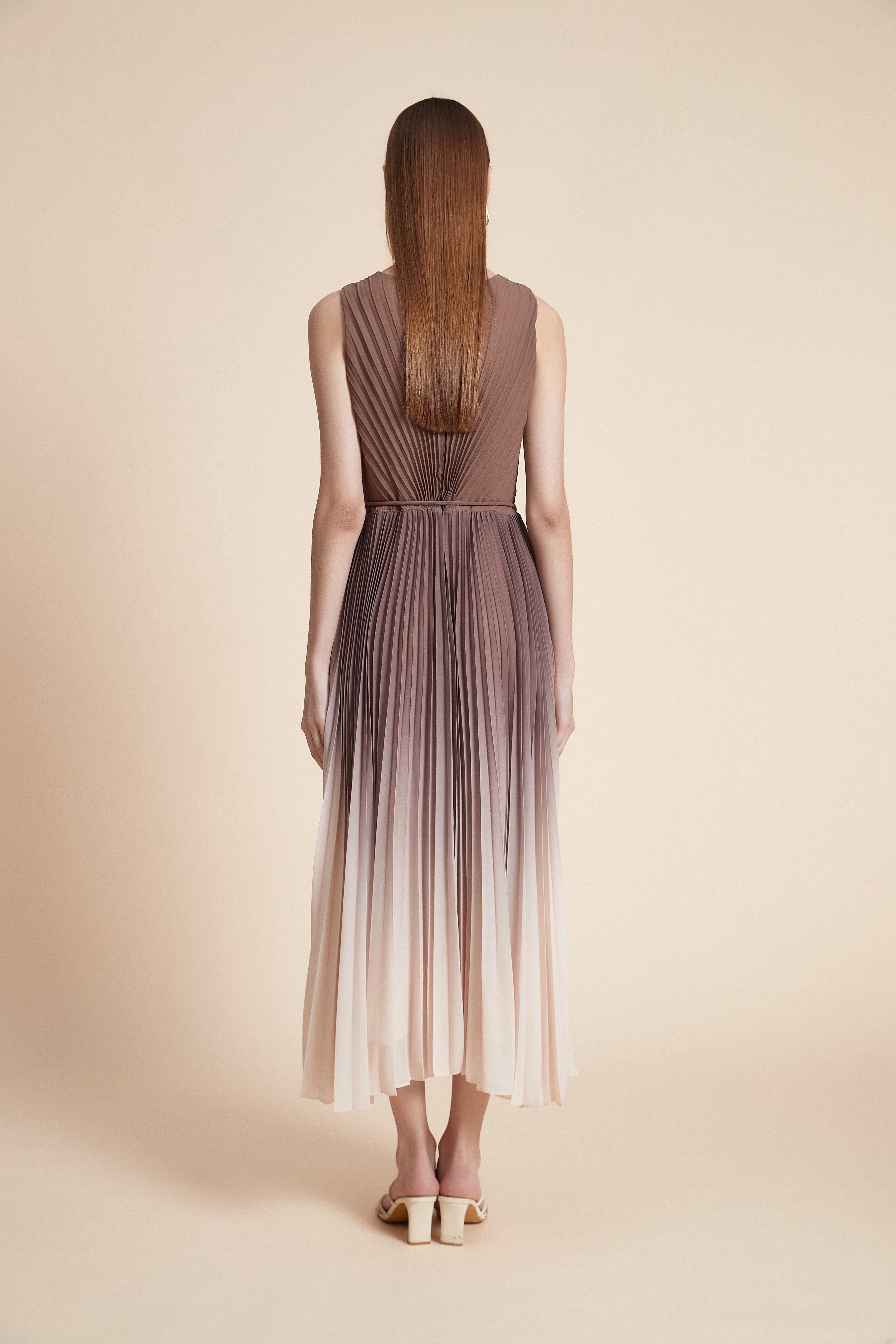 Pleated Midi Dress with Waist Detail - Sleeveless