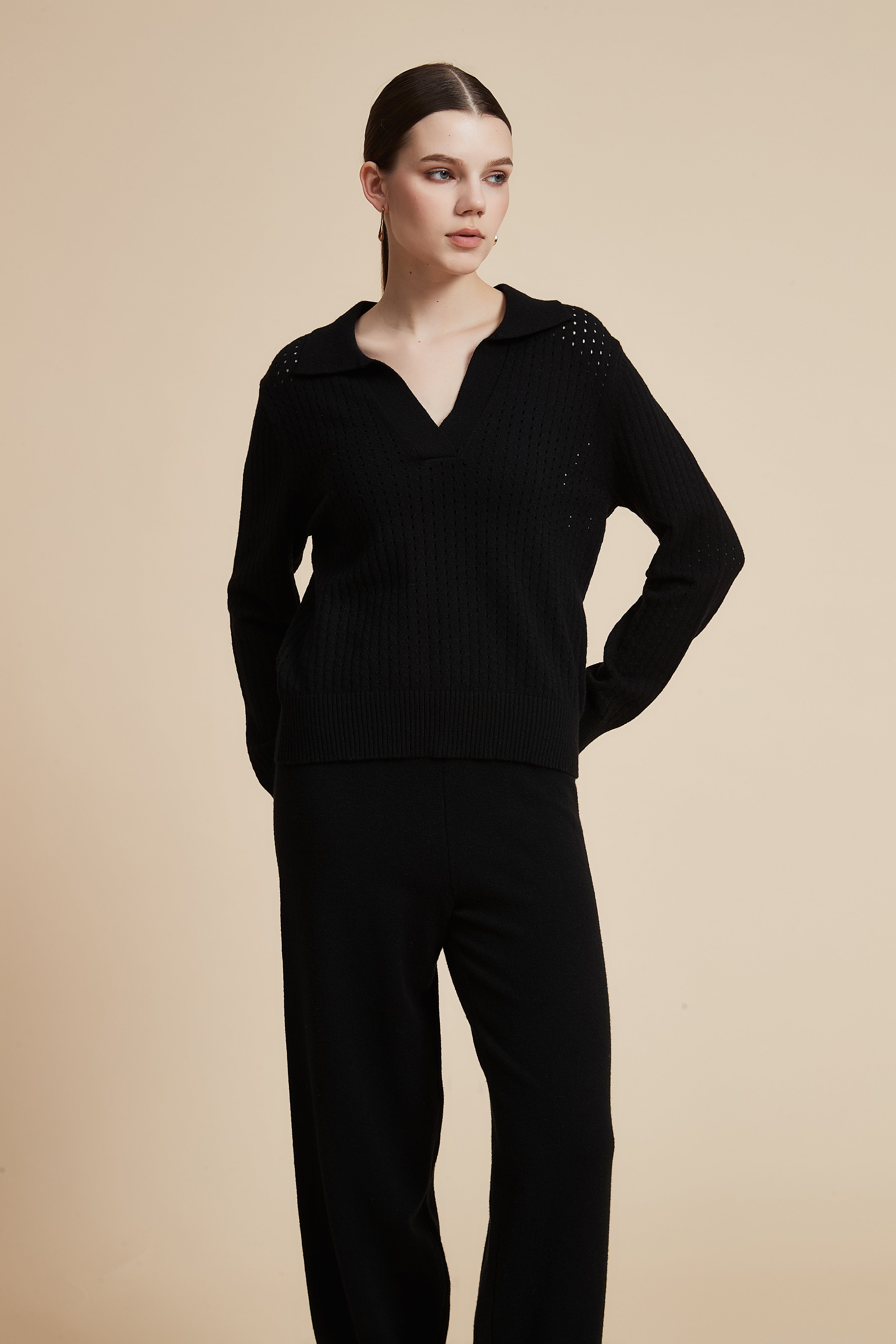 Solid Long Sleeve Lace Blouse