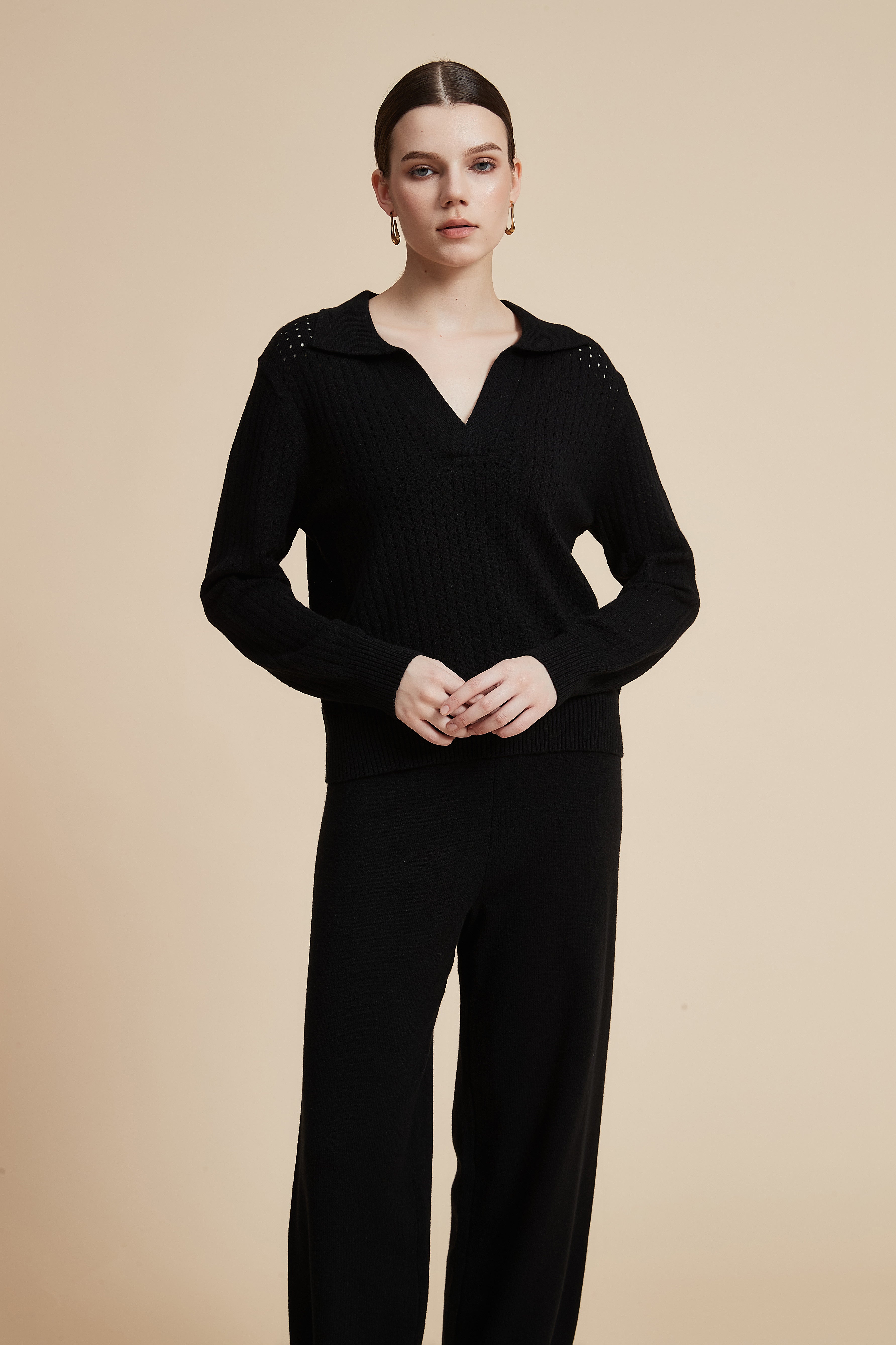 Solid Long Sleeve Lace Blouse