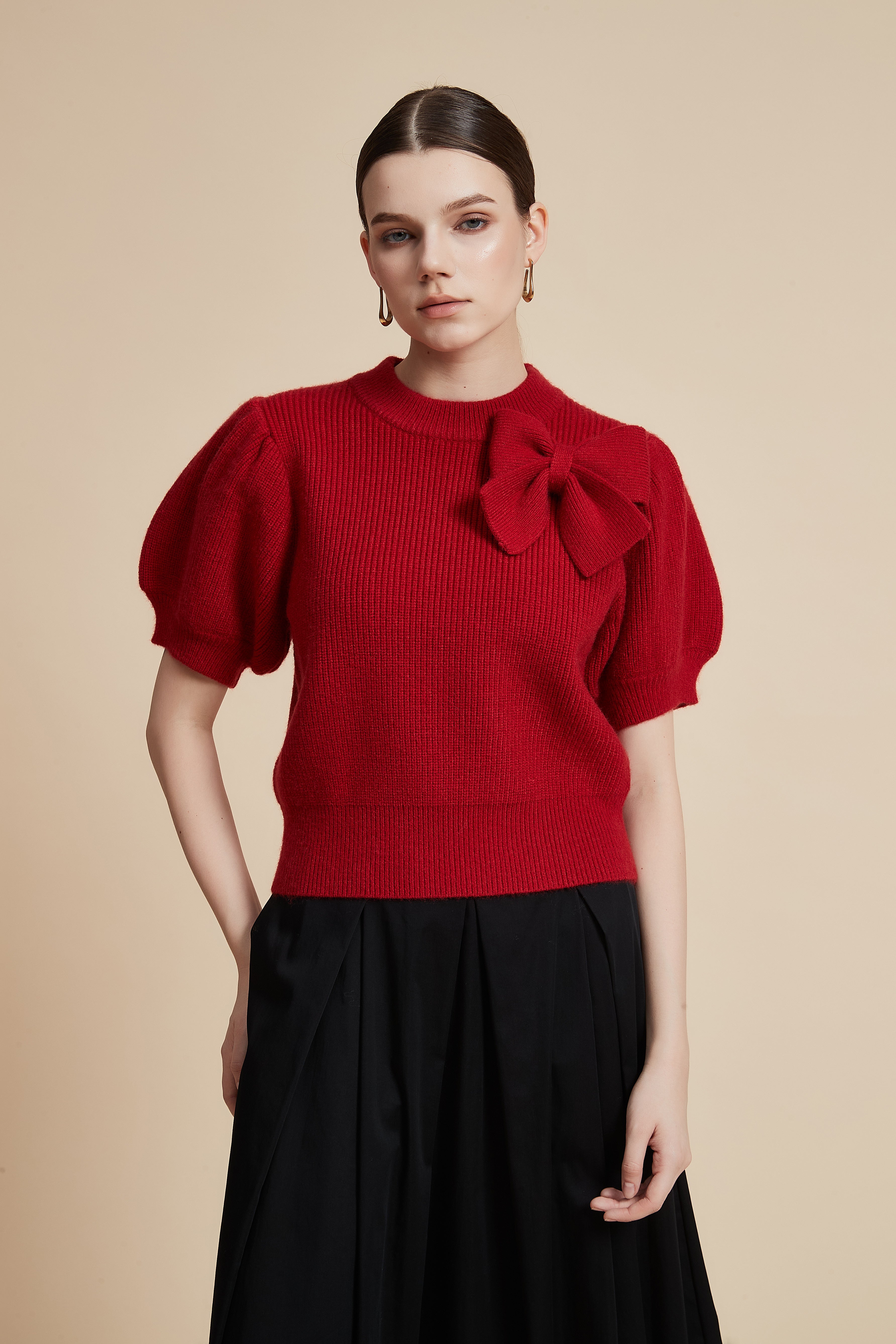 Short Sleeve Waist-Length Sweater with Shoulder Bow