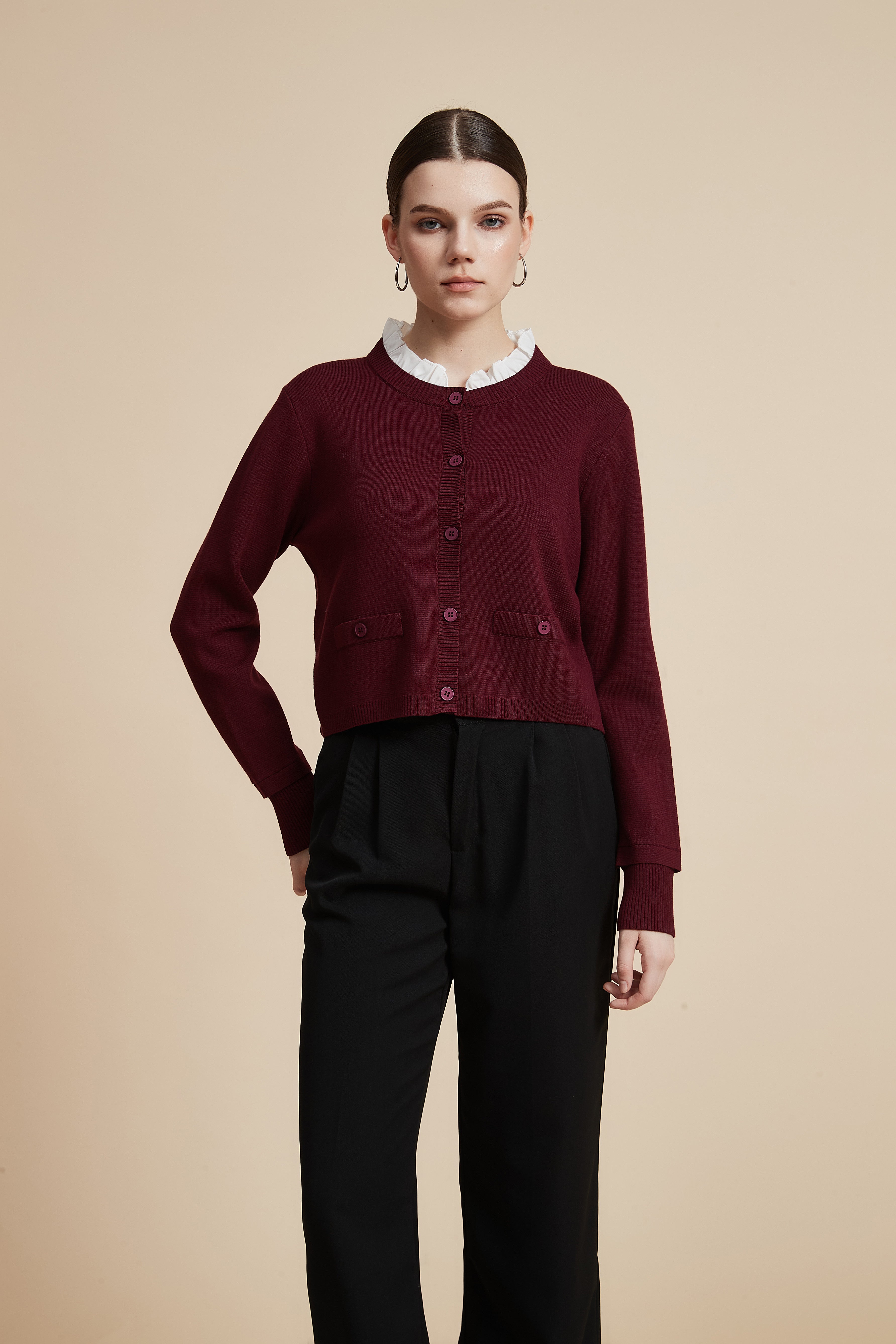 Waist-Length Long Sleeve Cardigan with Front Buttons