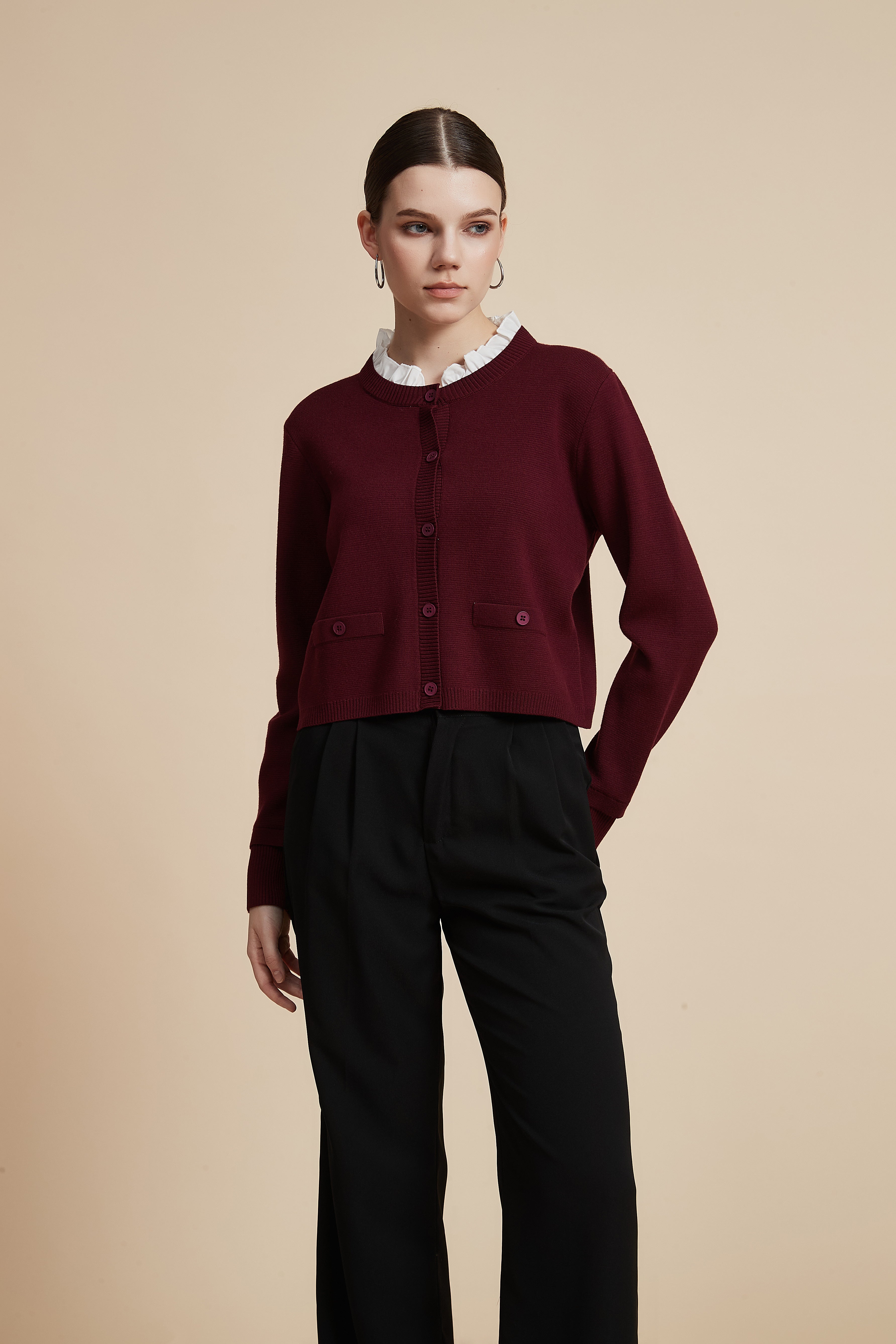 Waist-Length Long Sleeve Cardigan with Front Buttons