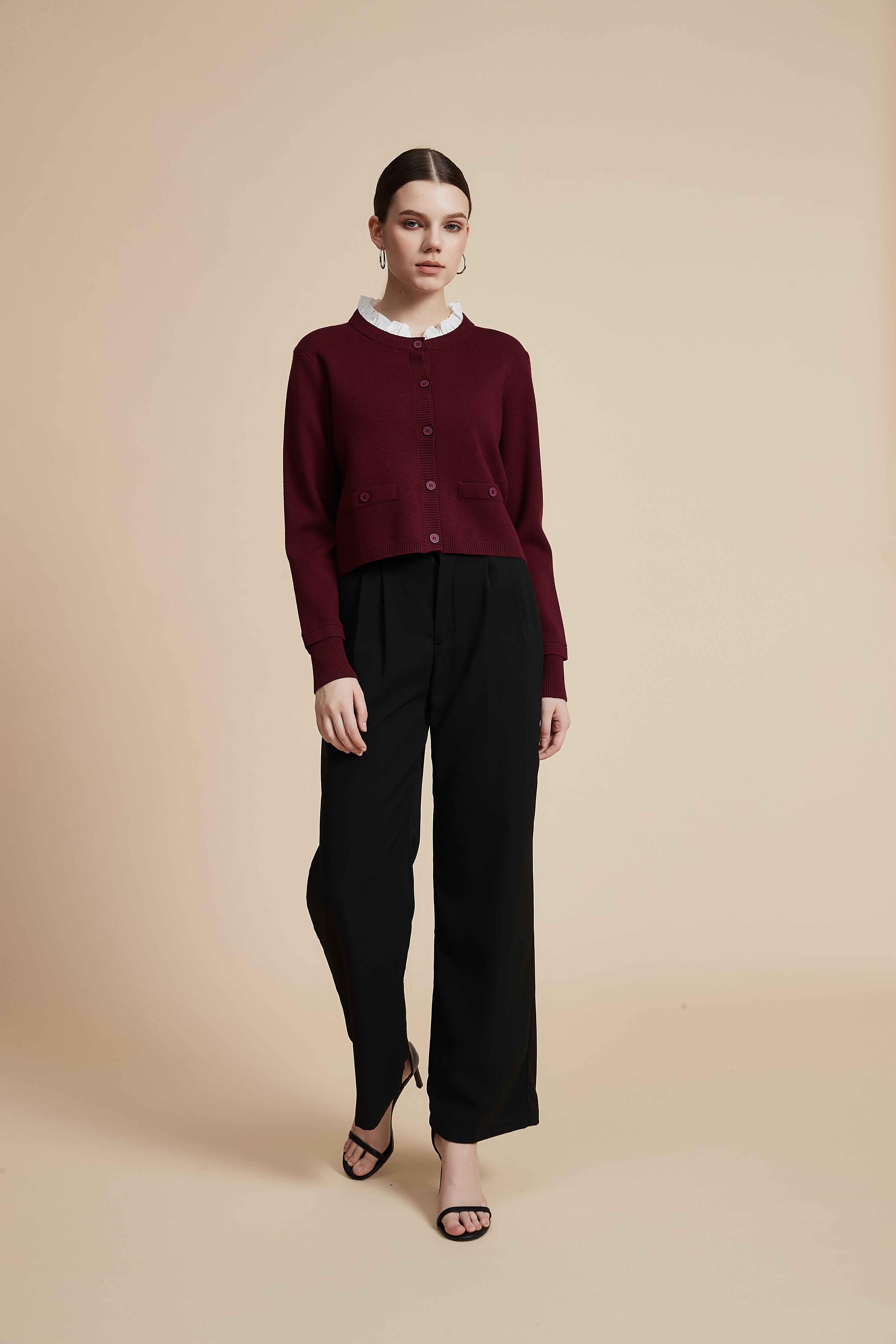 Waist-Length Long Sleeve Cardigan with Front Buttons