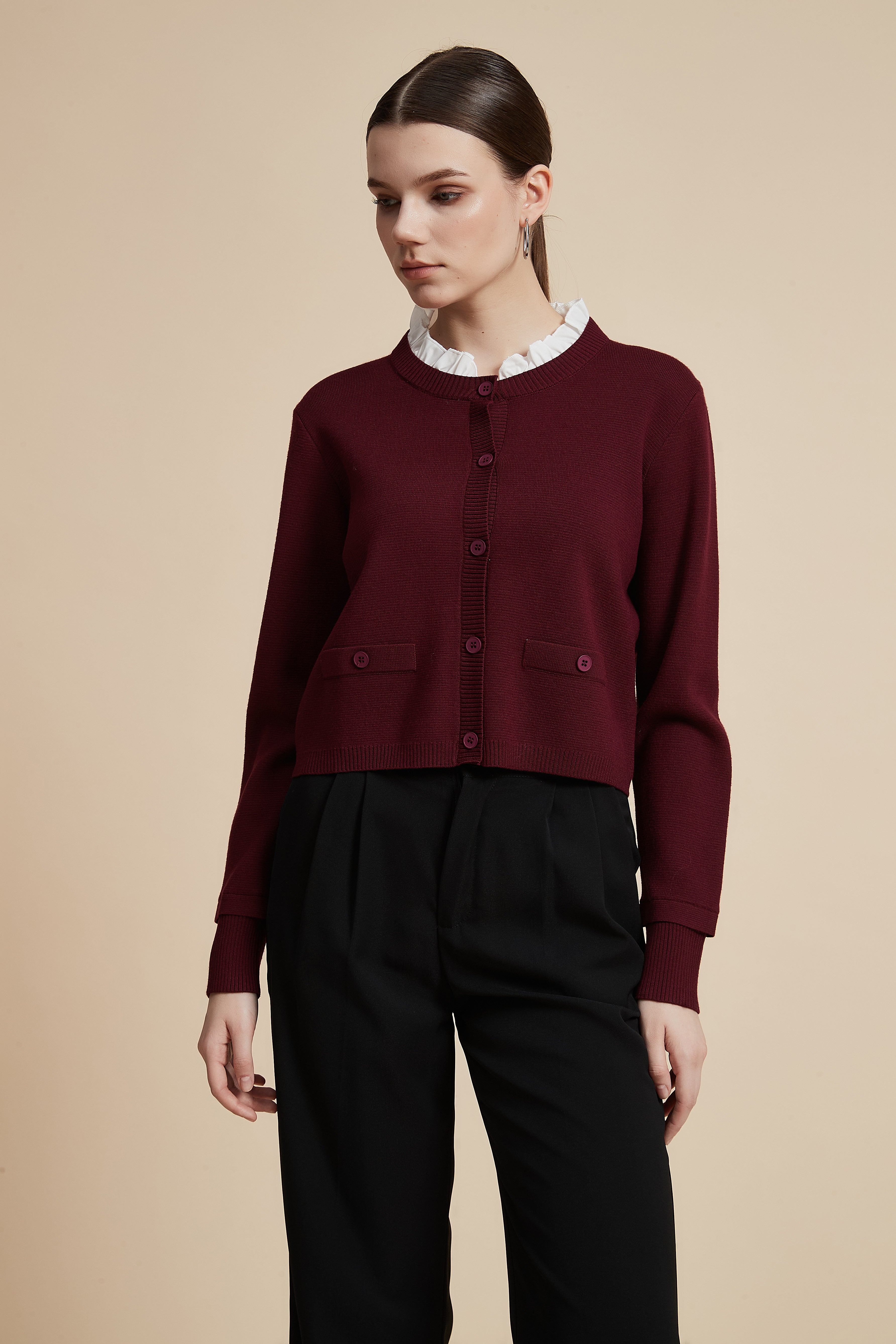 Waist-Length Long Sleeve Cardigan with Front Buttons