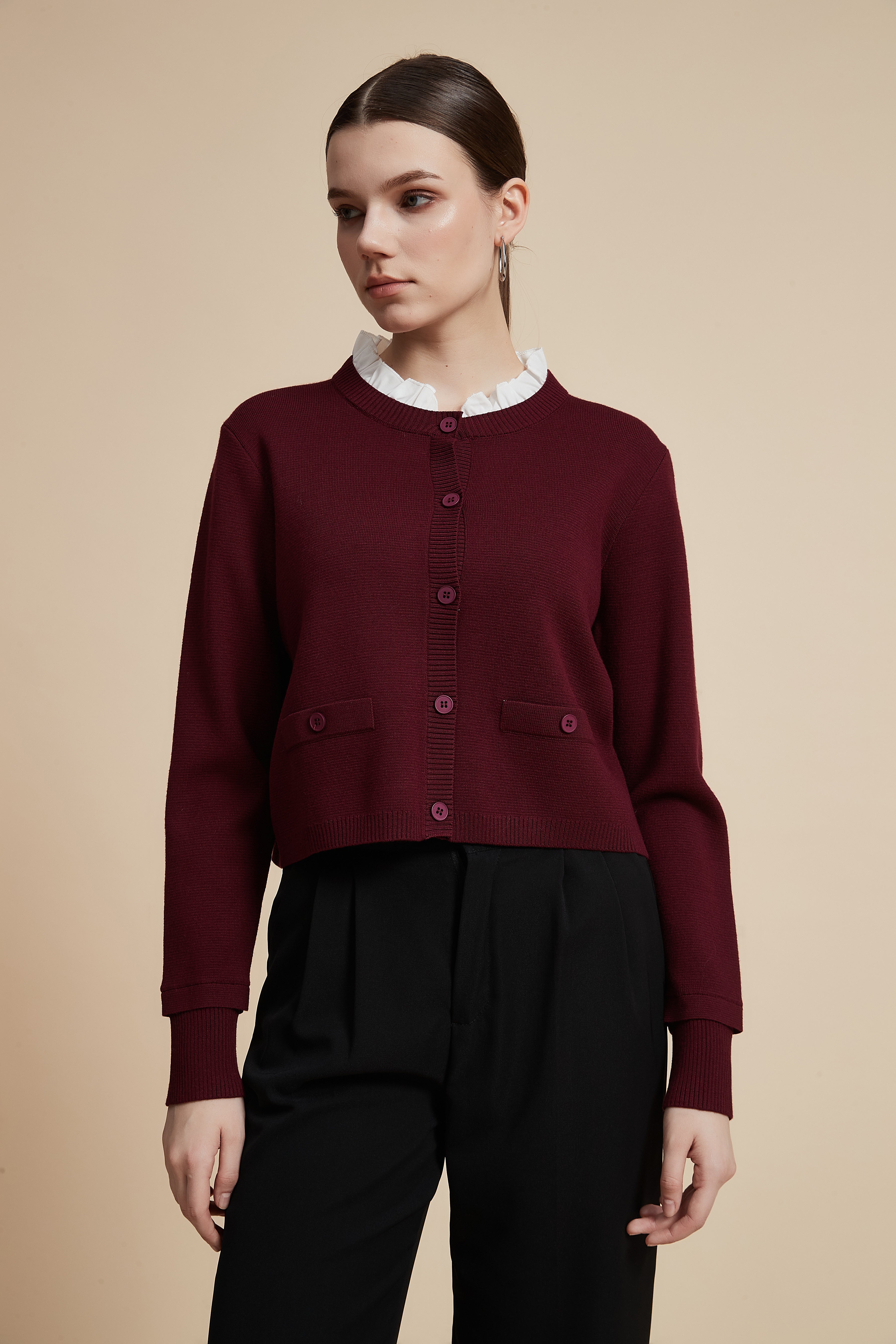 Waist-Length Long Sleeve Cardigan with Front Buttons