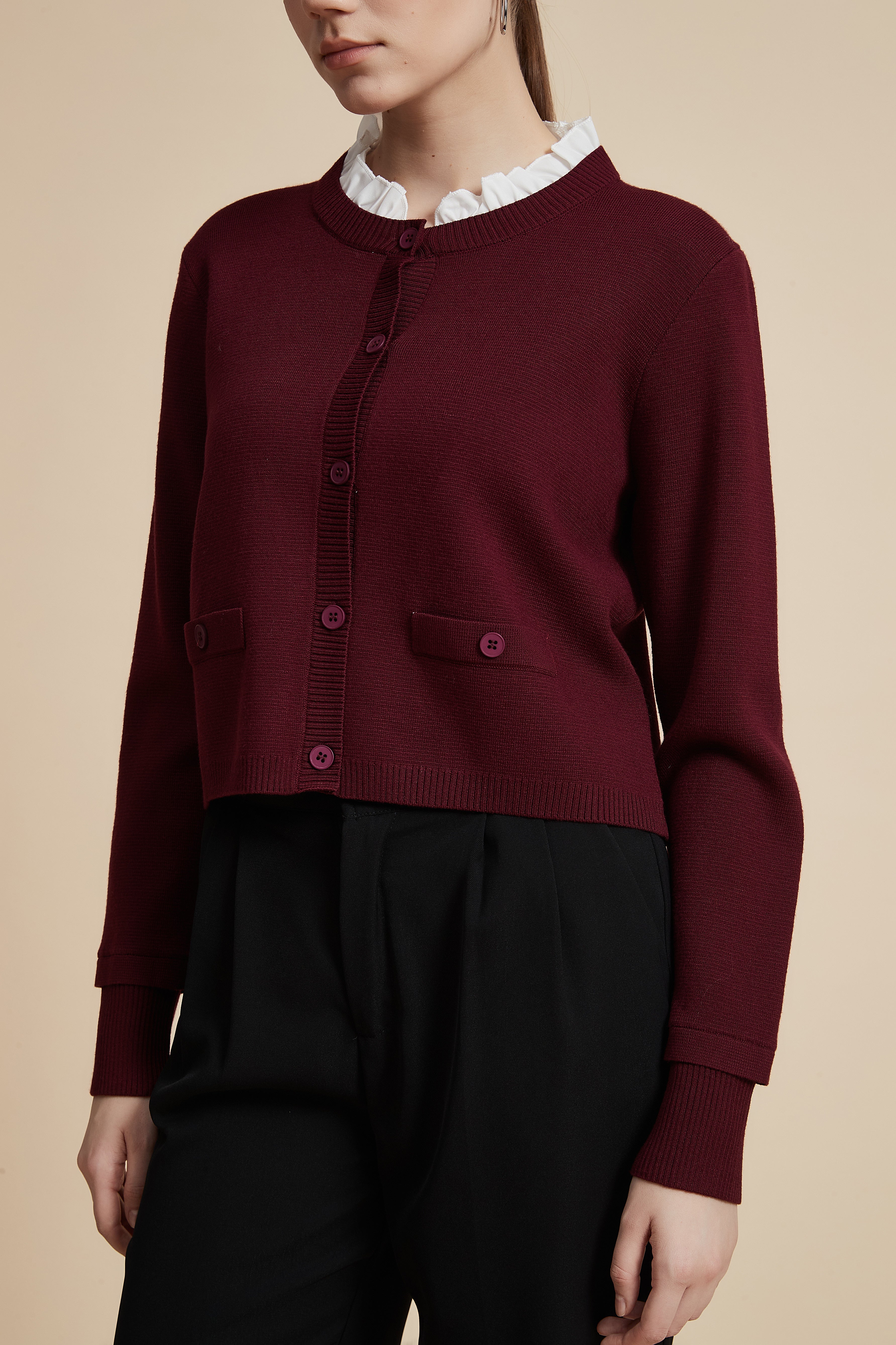 Waist-Length Long Sleeve Cardigan with Front Buttons