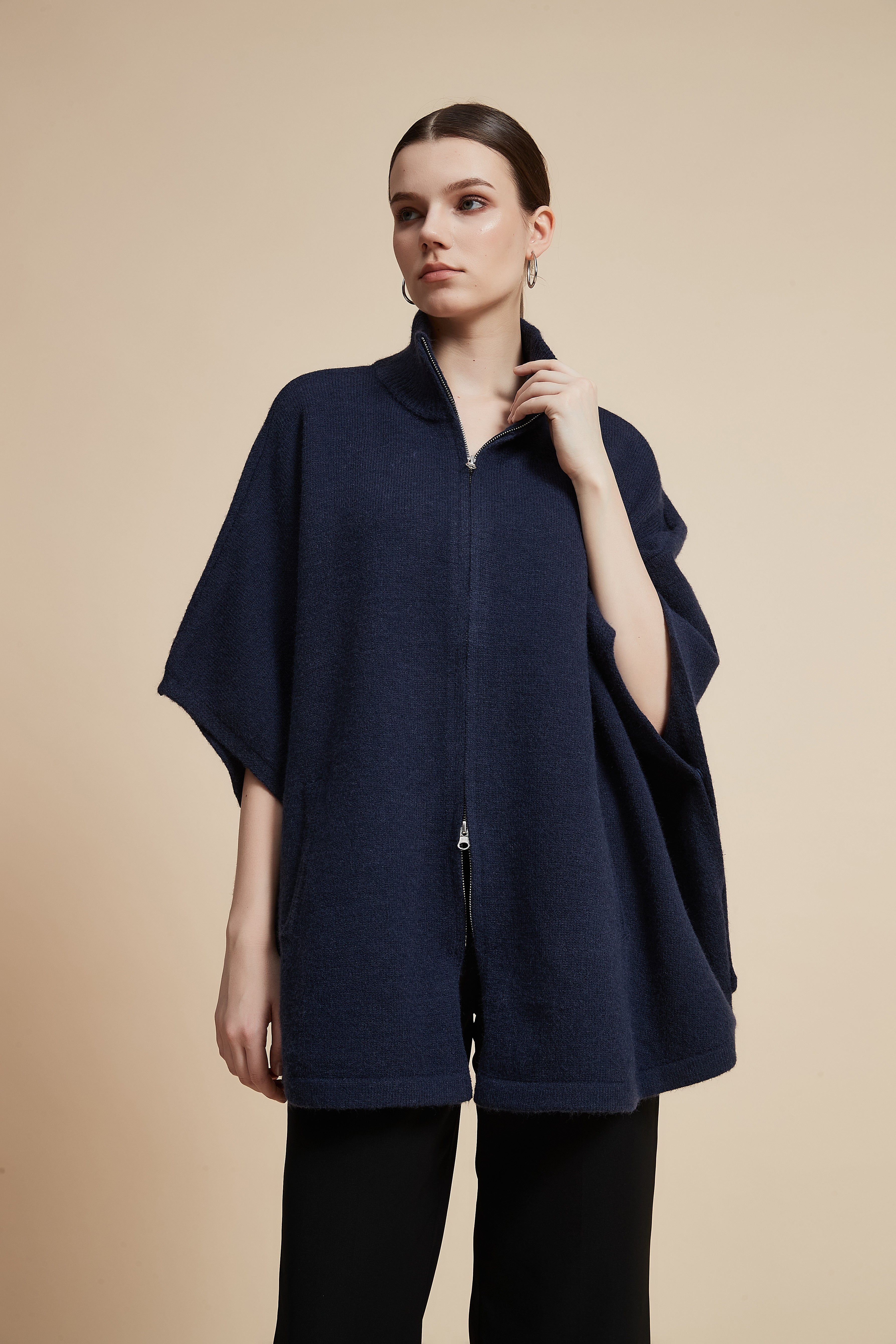 Solid 3/4 Sleeve Jacket with Front Zipper