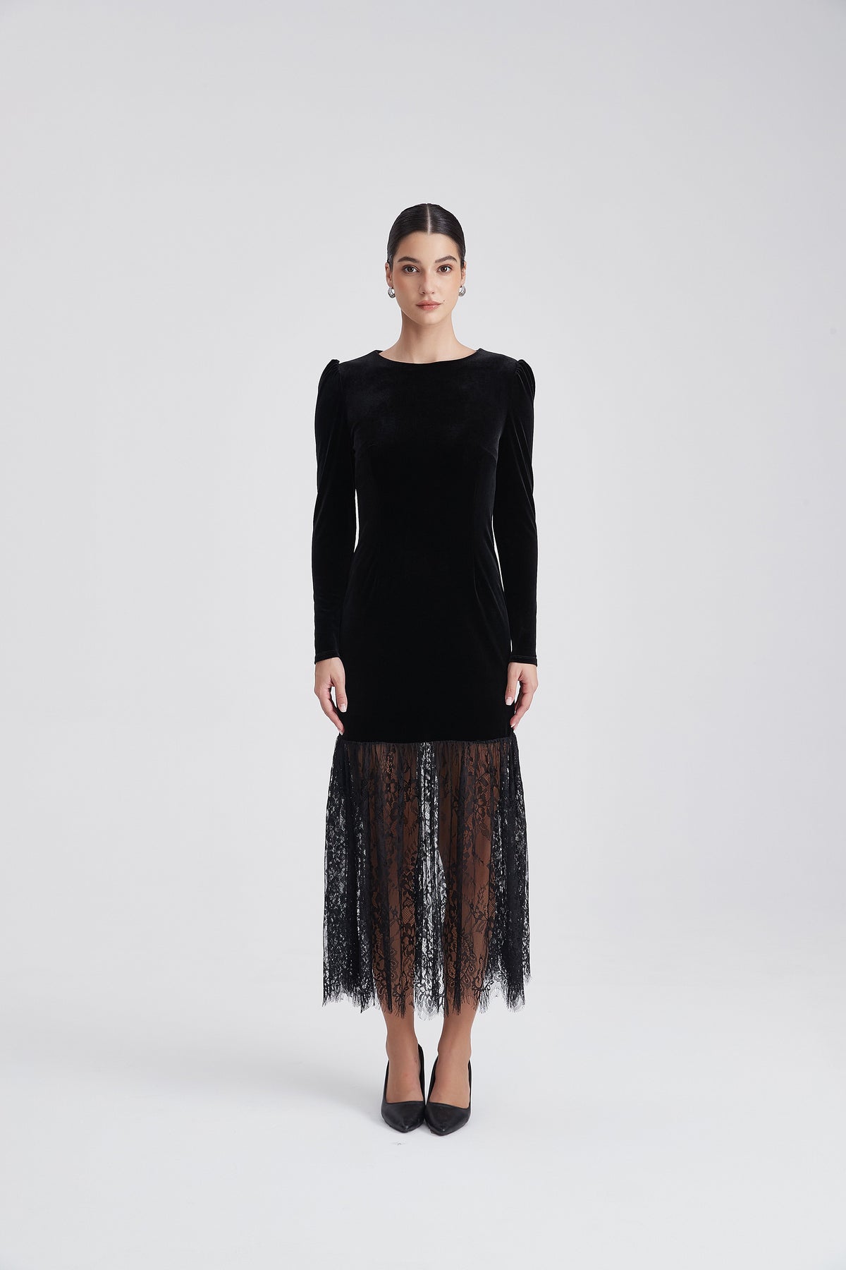 Long-Sleeve Evening Dress With Half-Lace Detail