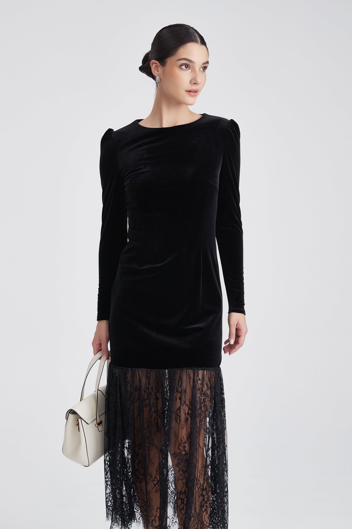 Long-Sleeve Evening Dress with Half-Lace Detail