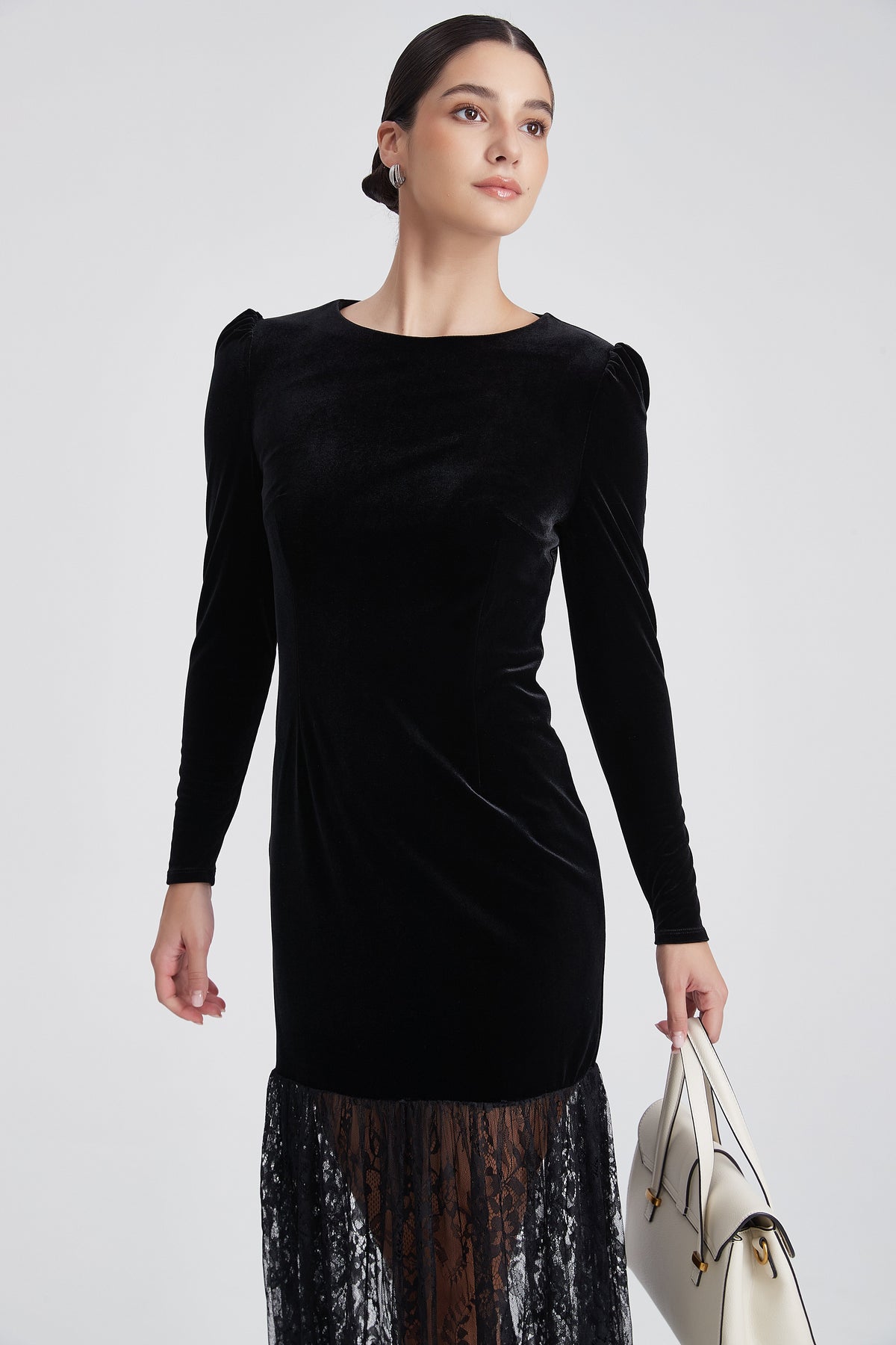 Long-Sleeve Evening Dress With Half-Lace Detail