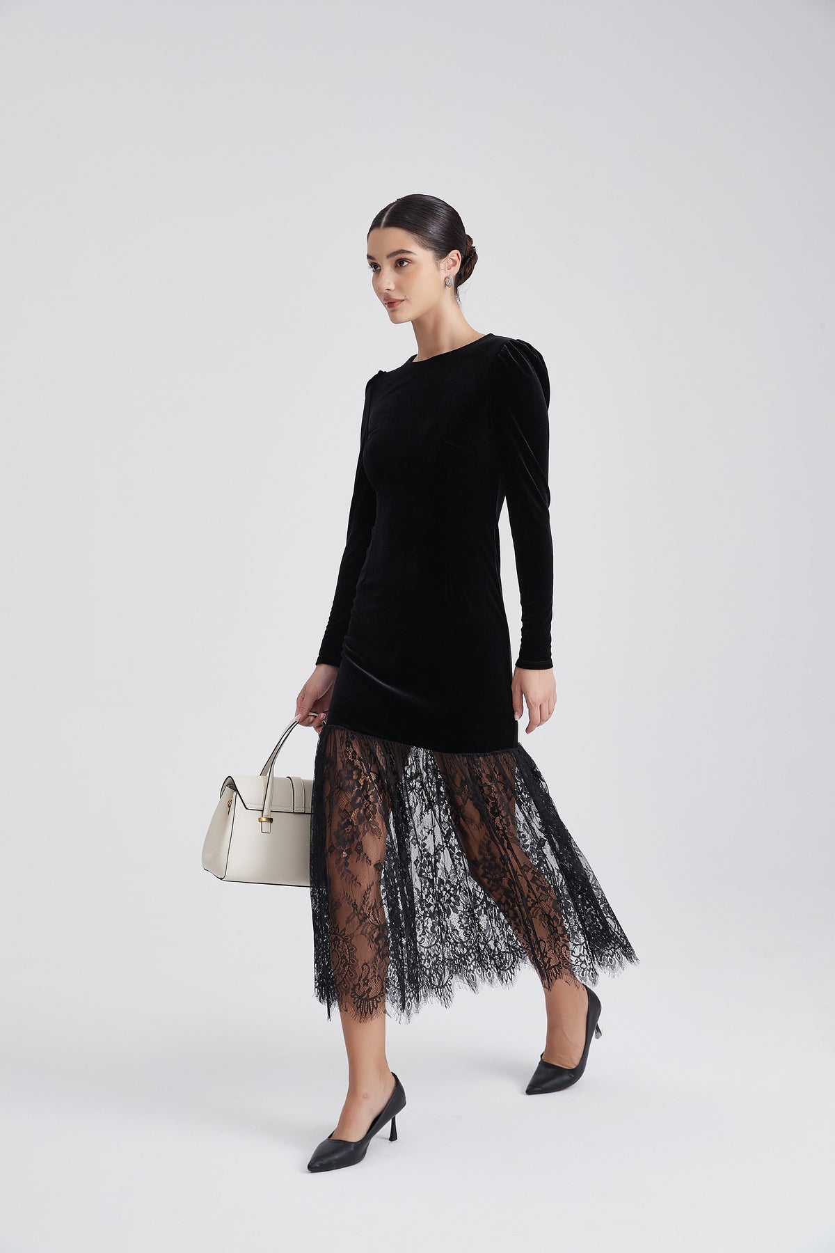 Long-Sleeve Evening Dress with Half-Lace Detail
