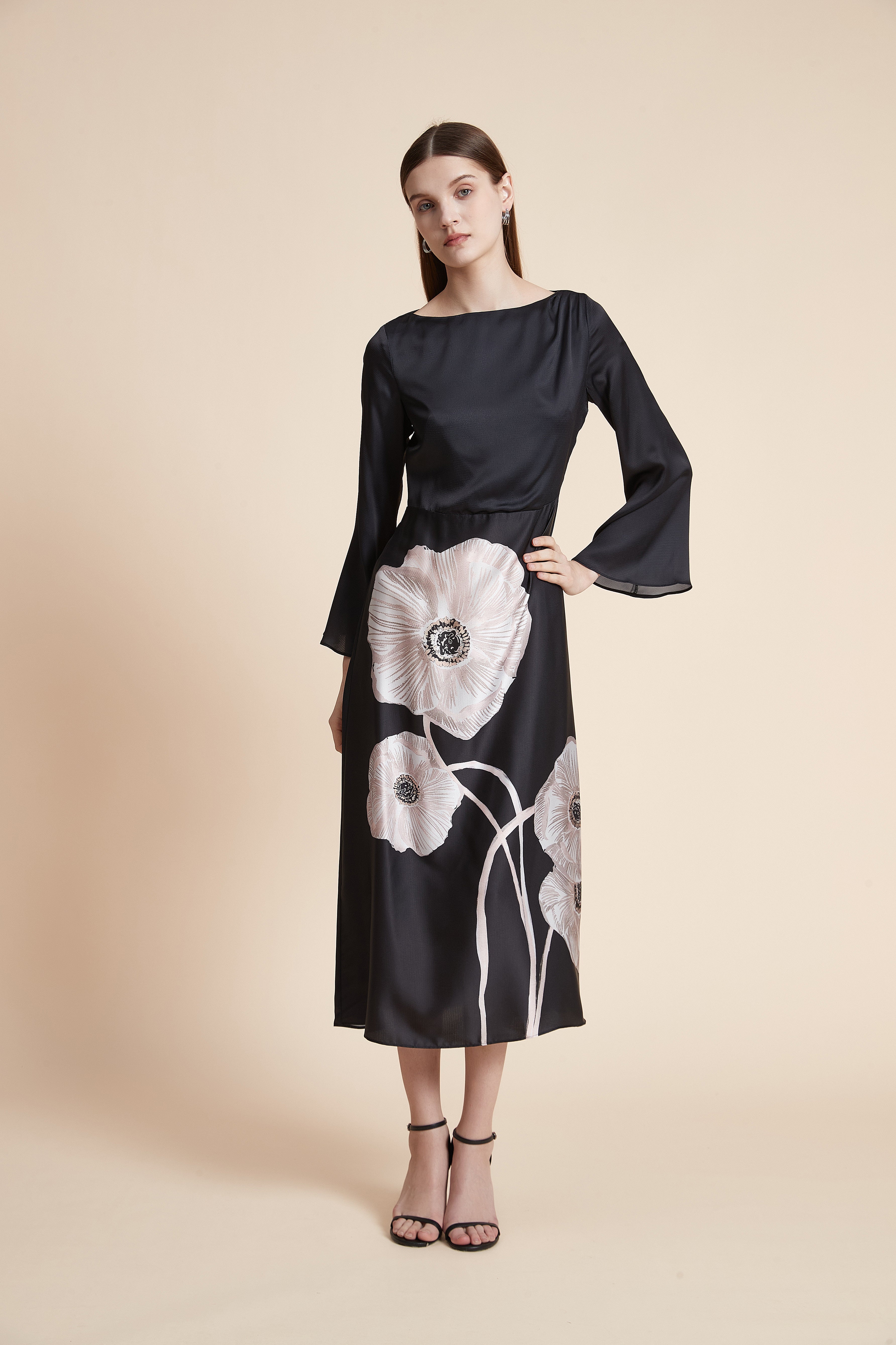 Long Sleeve Large Floral Print Midi Dress