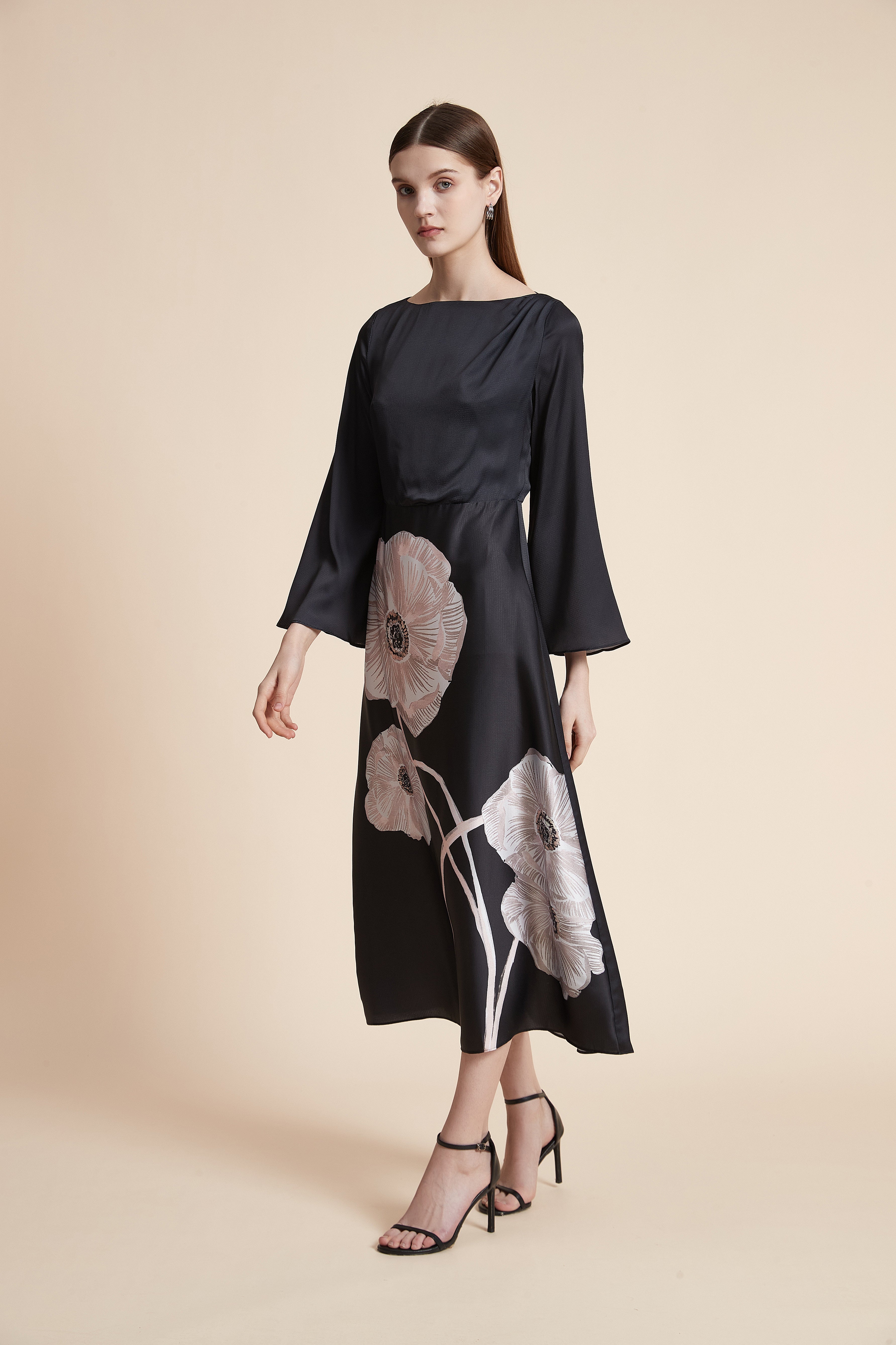 Long Sleeve Large Floral Print Midi Dress