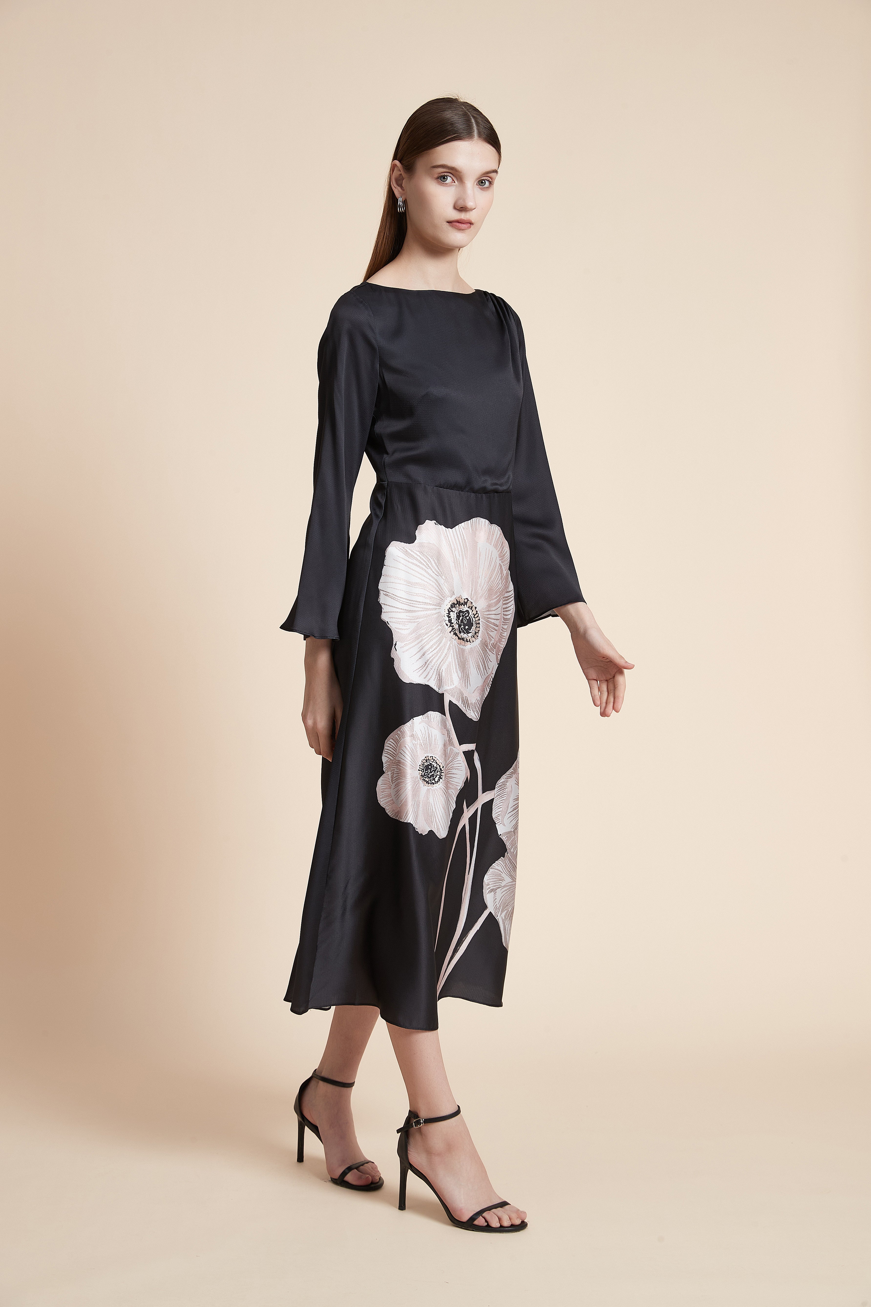 Long Sleeve Large Floral Print Midi Dress