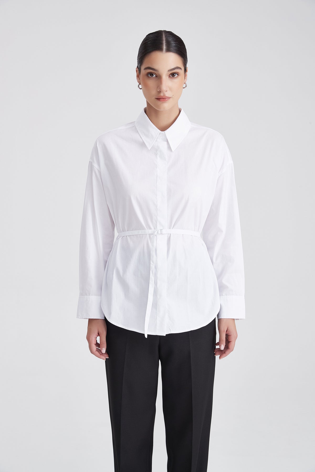 Plain Long-Sleeve Shirt with Waist Belt