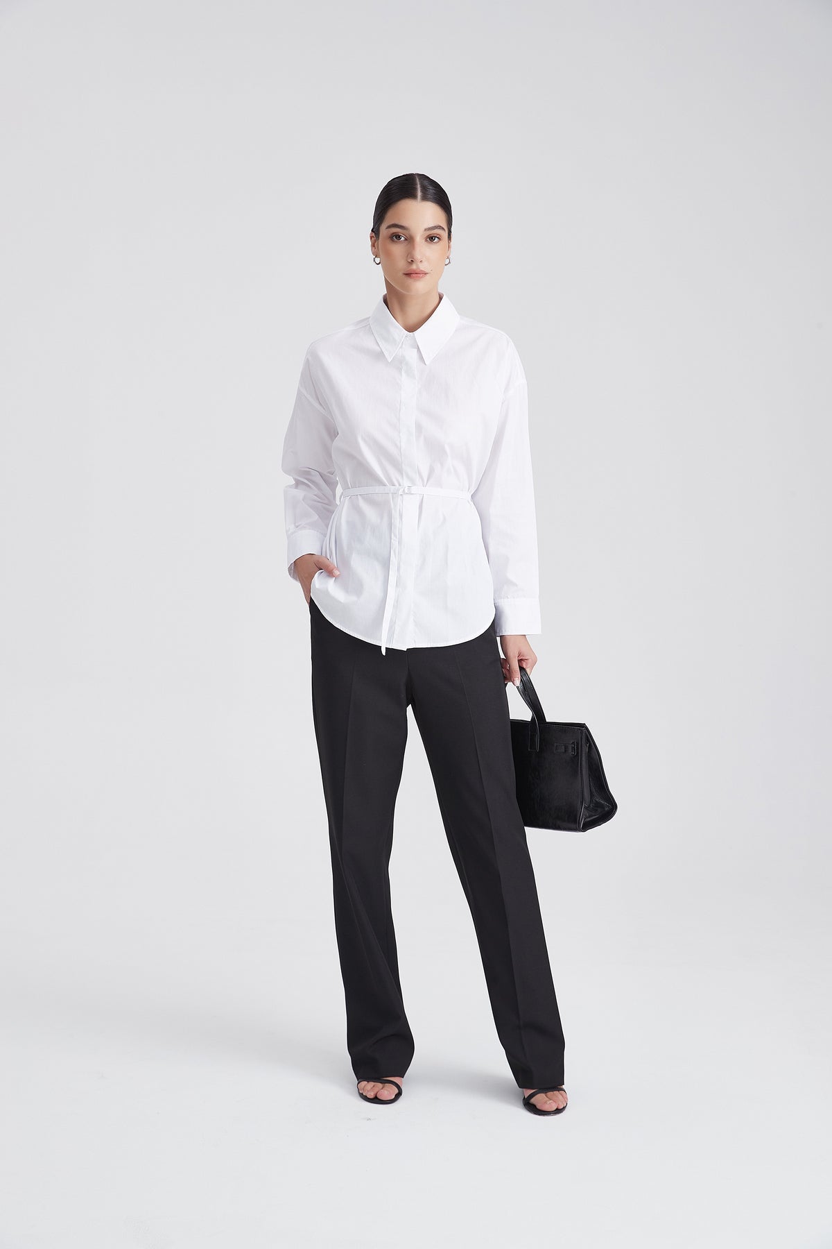 Plain Long-Sleeve Shirt with Waist Belt