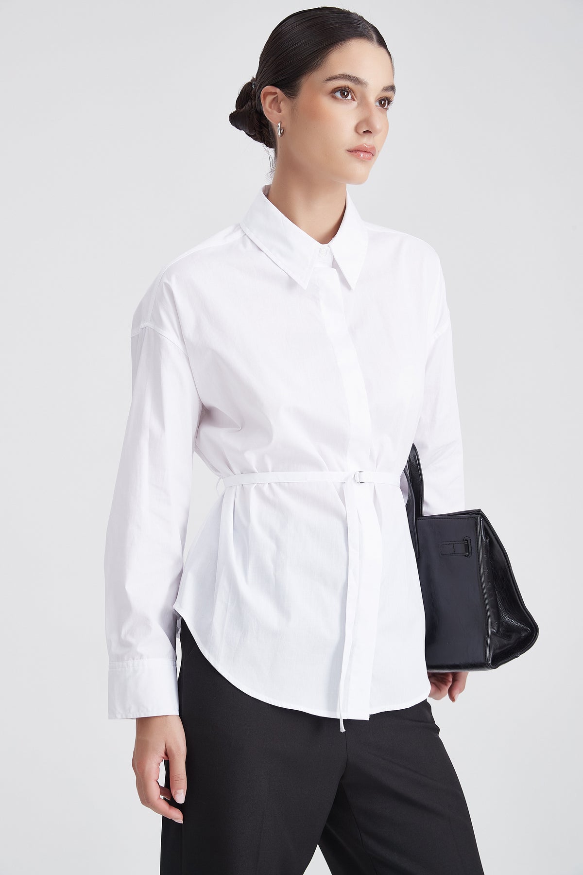 Plain Long-Sleeve Shirt with Waist Belt