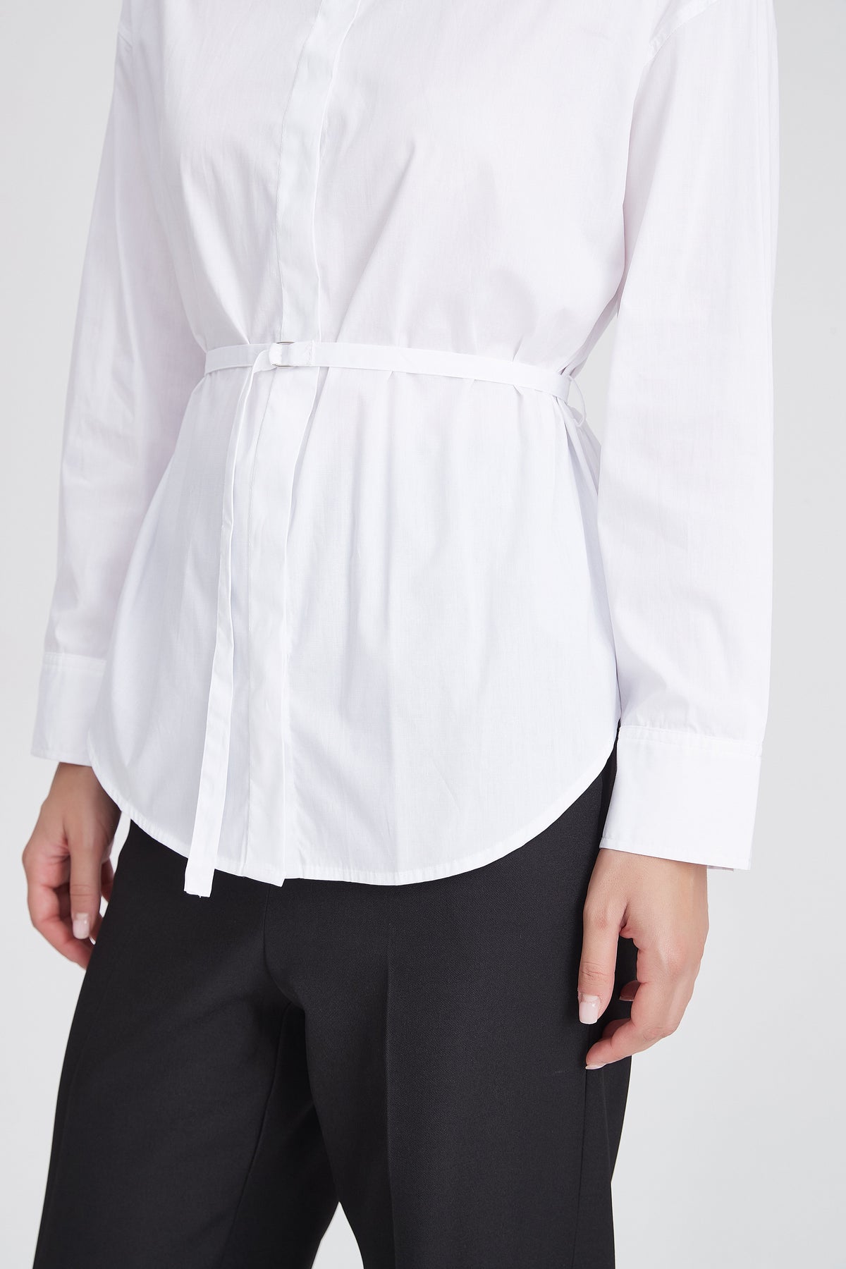 Plain Long-Sleeve Shirt with Waist Belt