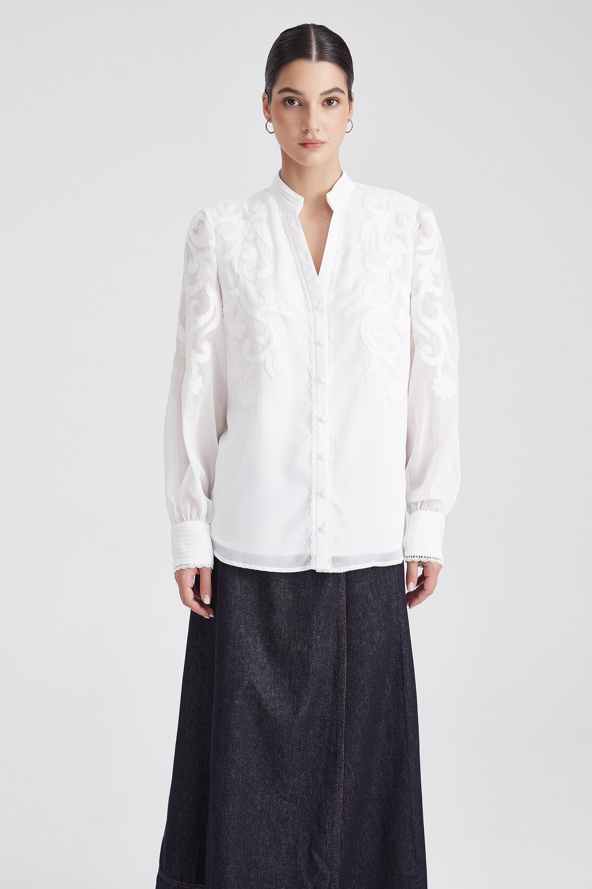 Patterned Long-Sleeve Shirt with V-Neck