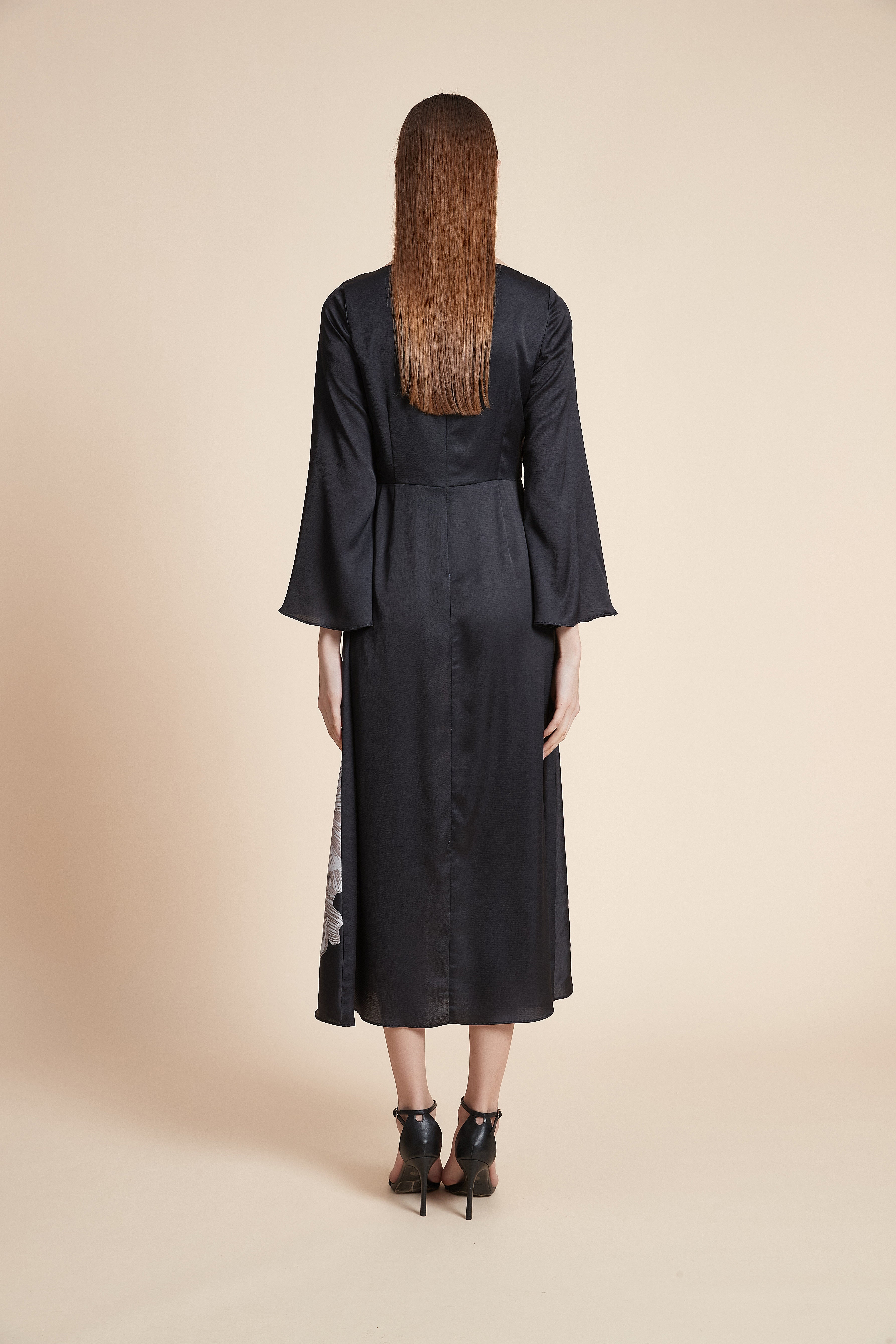 Long Sleeve Large Floral Print Midi Dress