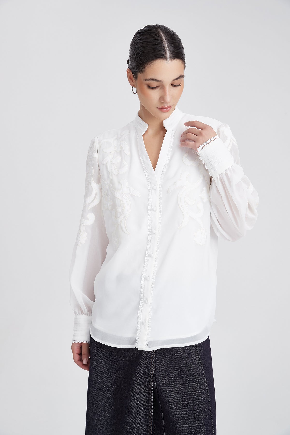 Patterned Long-Sleeve Shirt with V-Neck