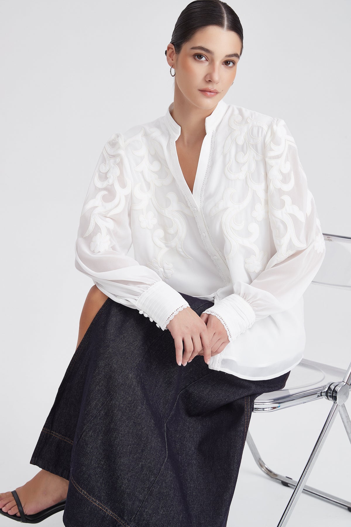 Patterned Long-Sleeve Shirt with V-Neck