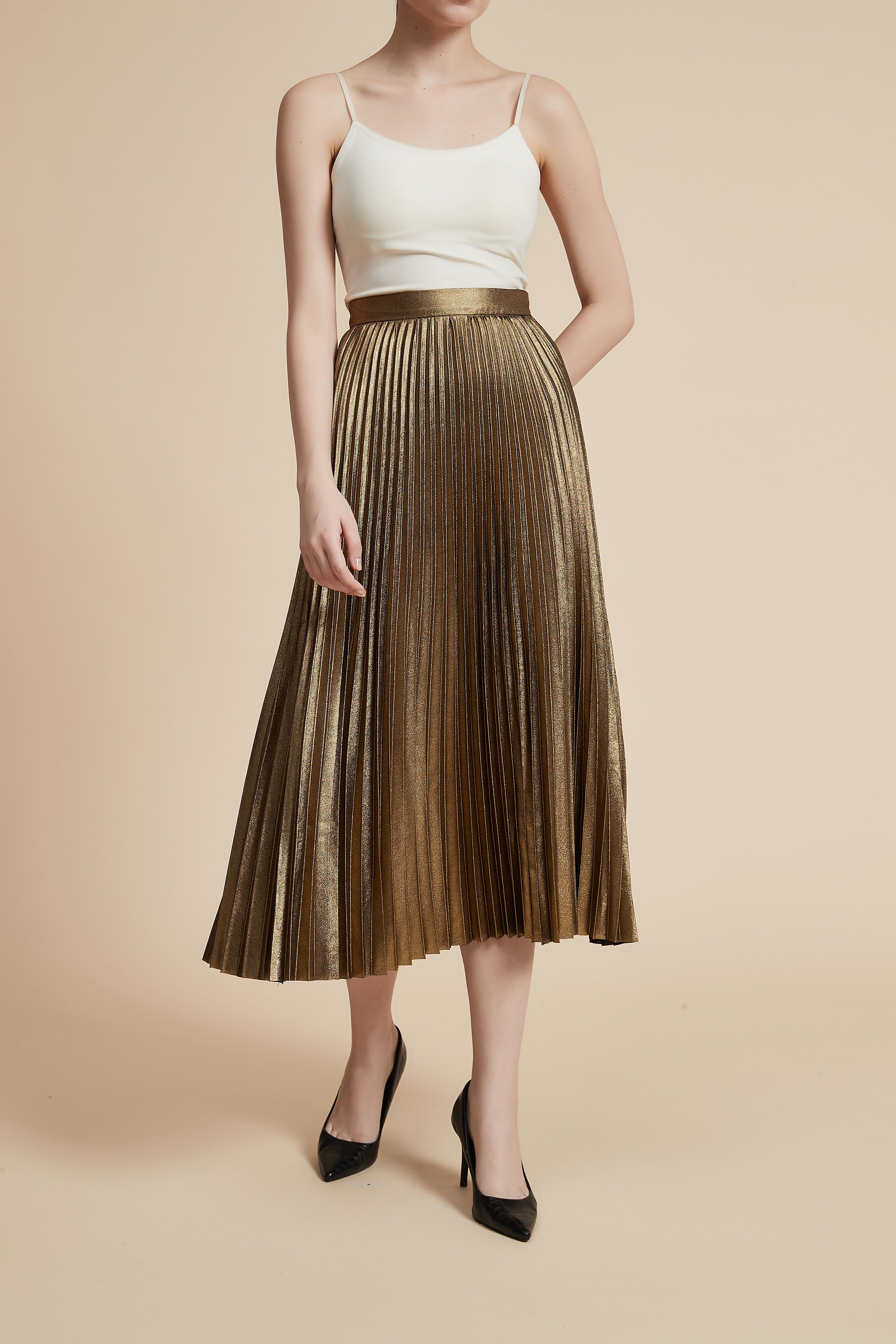 Shiny Pleated Midi Skirt