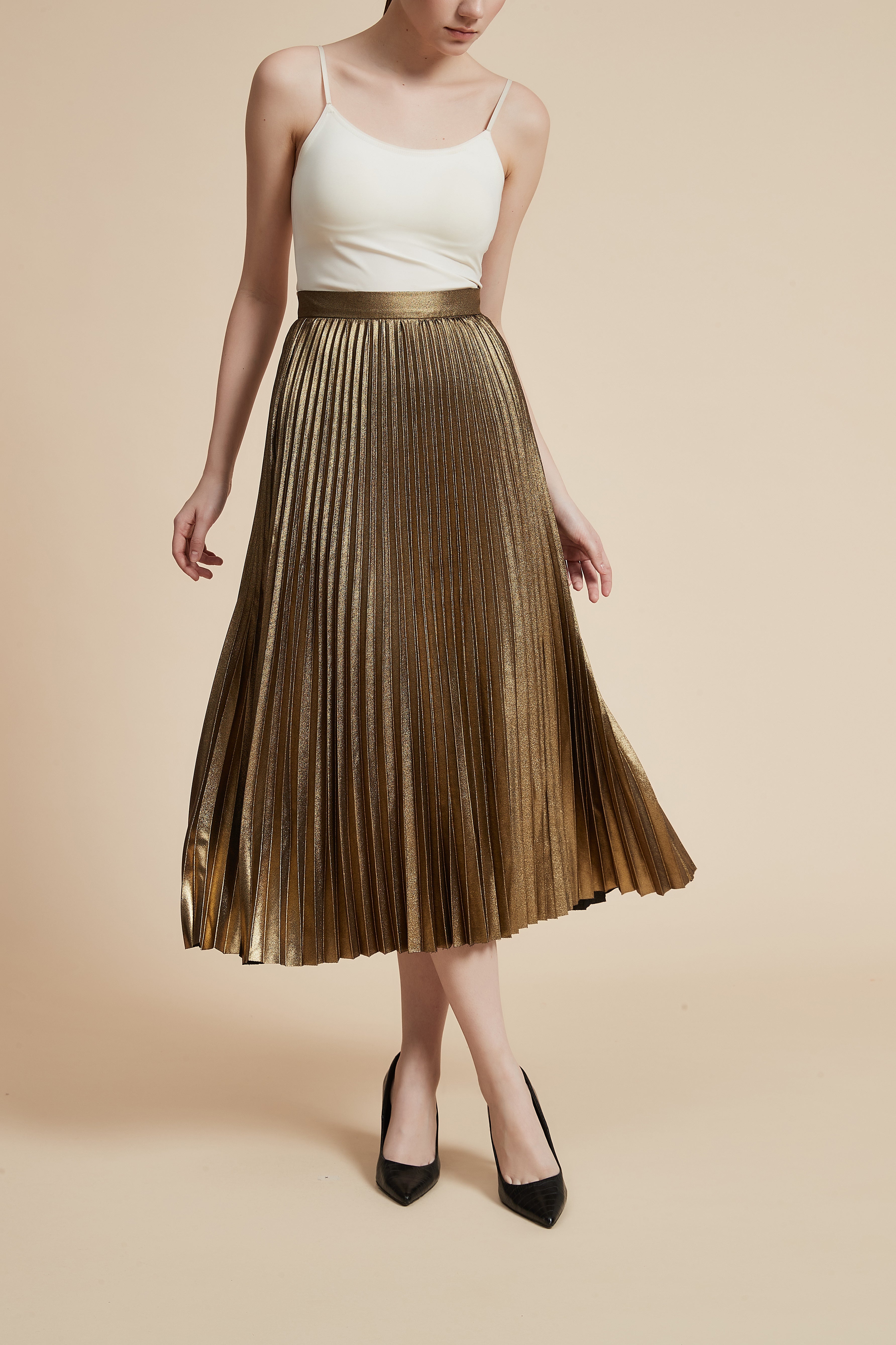 Shiny Pleated Midi Skirt