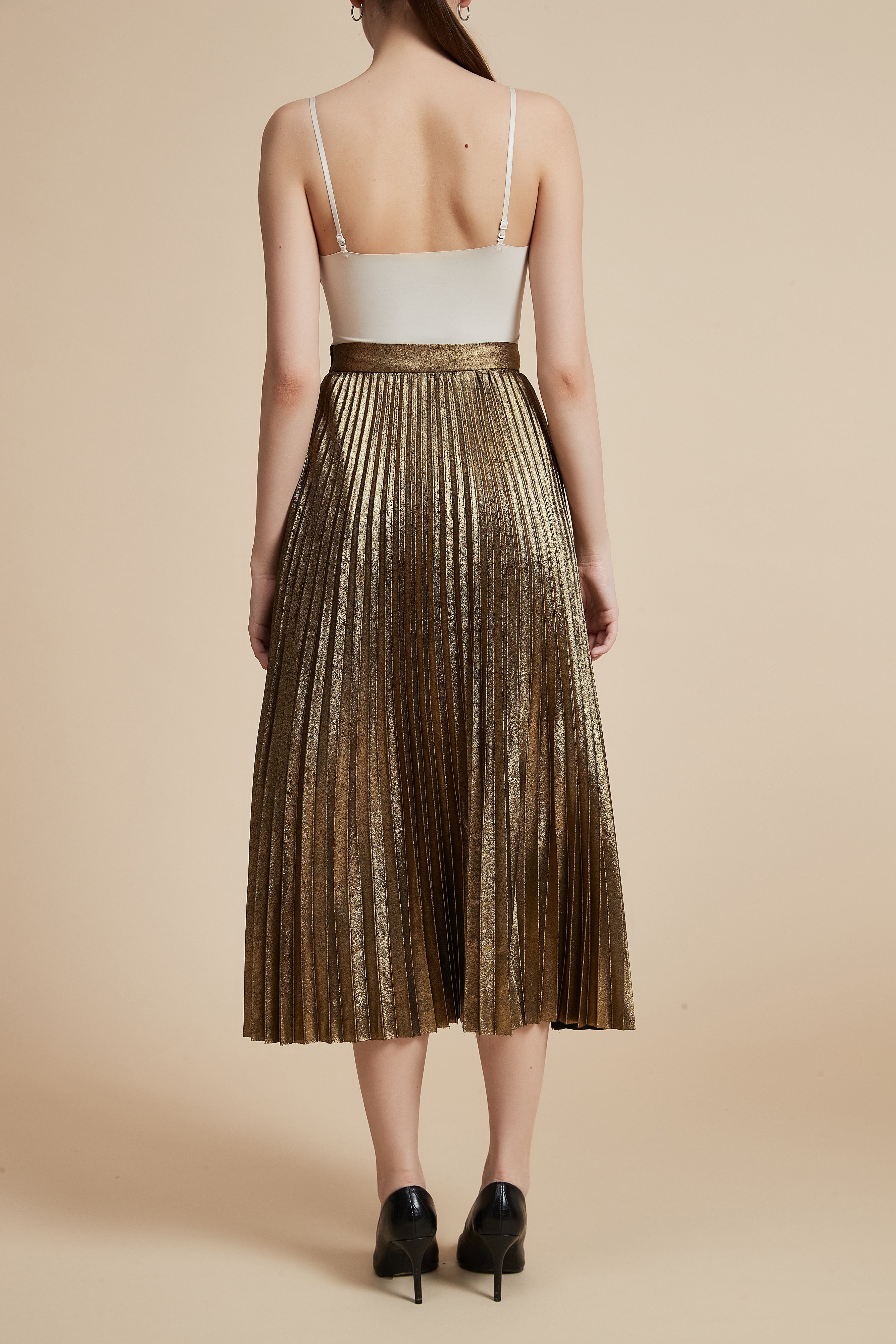 Shiny Pleated Midi Skirt