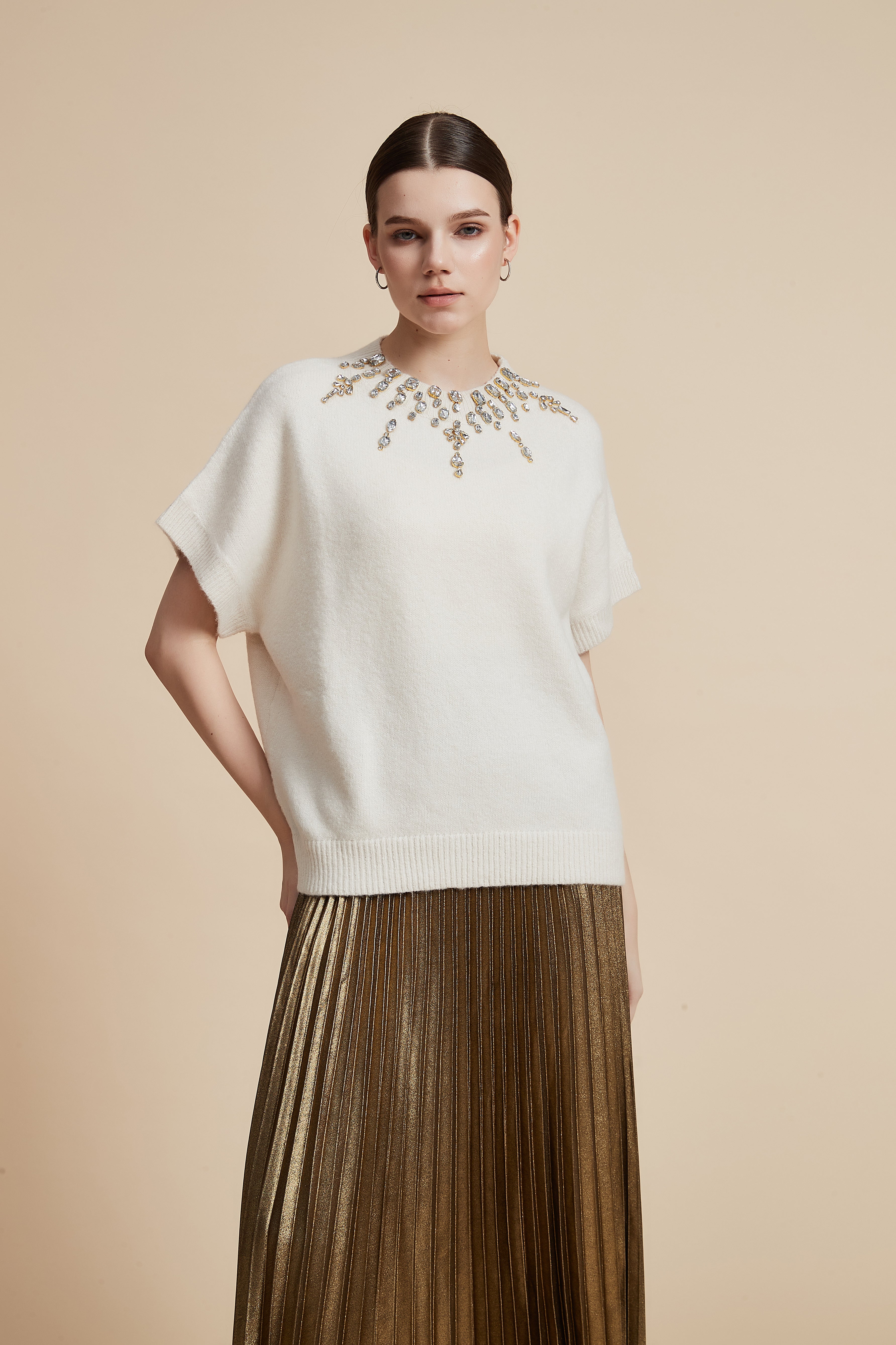 Short Sleeve Round Neck Beaded Blouse