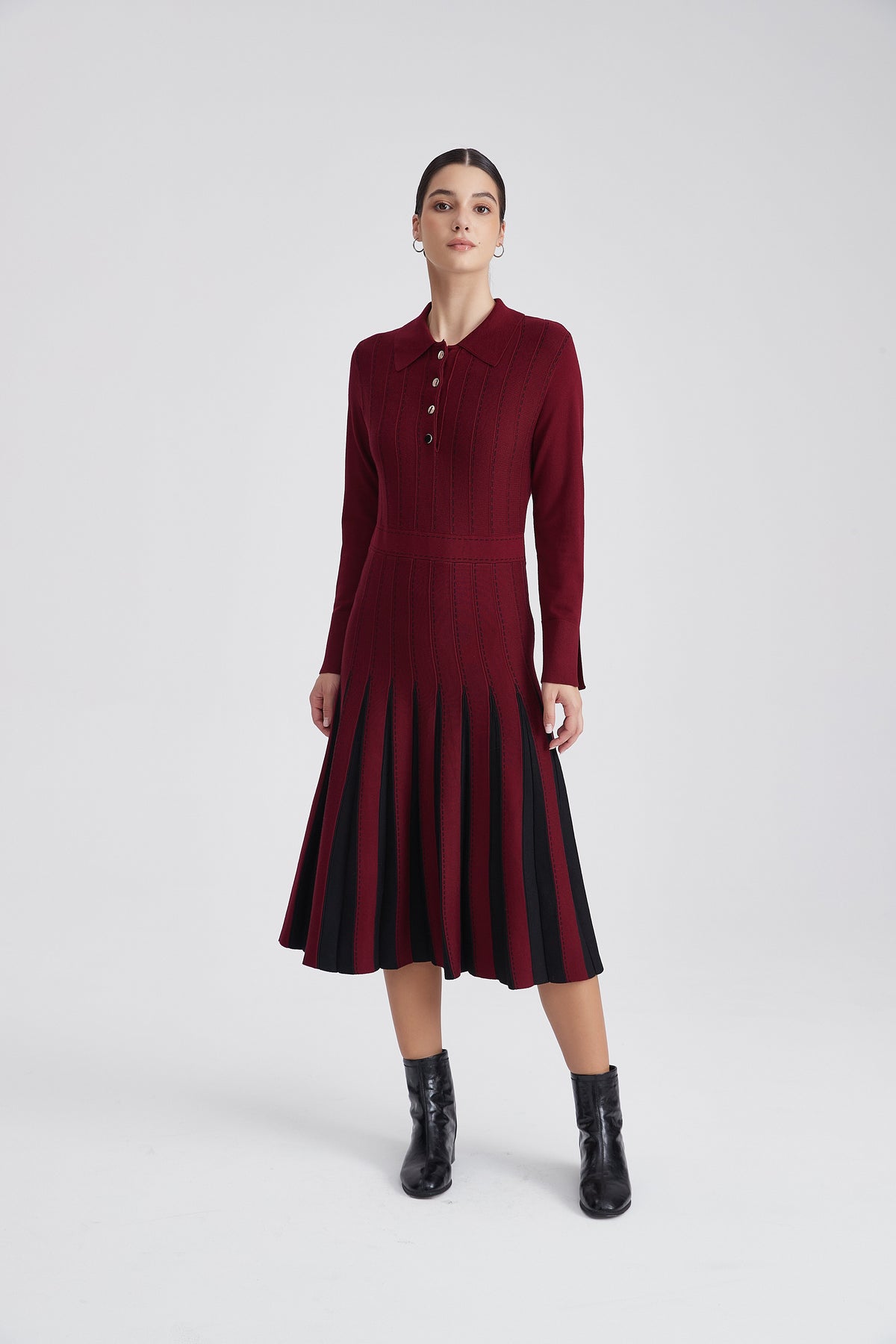 Knitted Polo Midi Dress with Two-Tone Pleated Skirt
