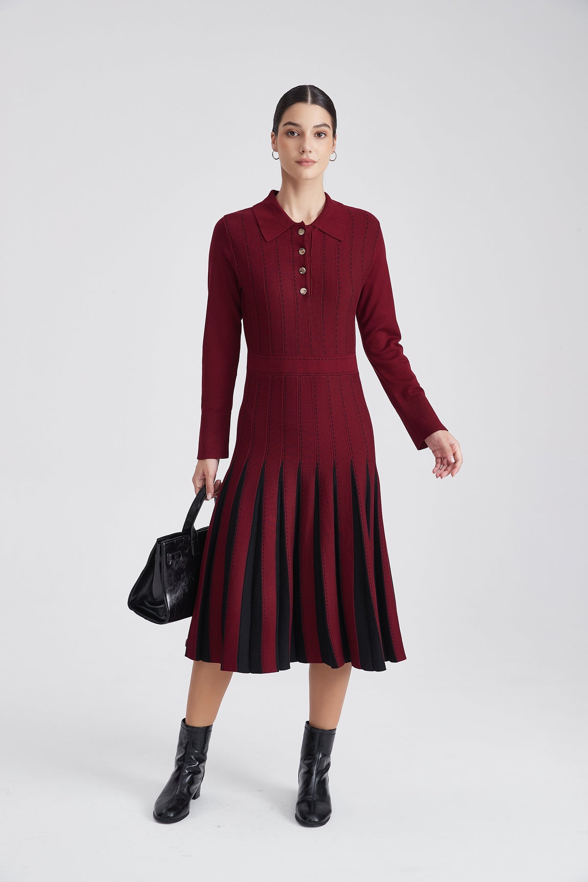 Knitted Polo Midi Dress with Two-Tone Pleated Skirt