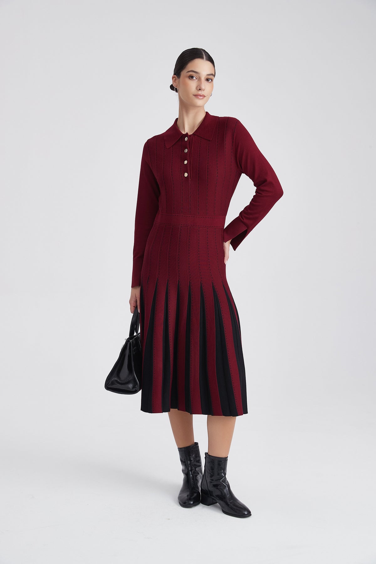 Knitted Polo Midi Dress with Two-Tone Pleated Skirt