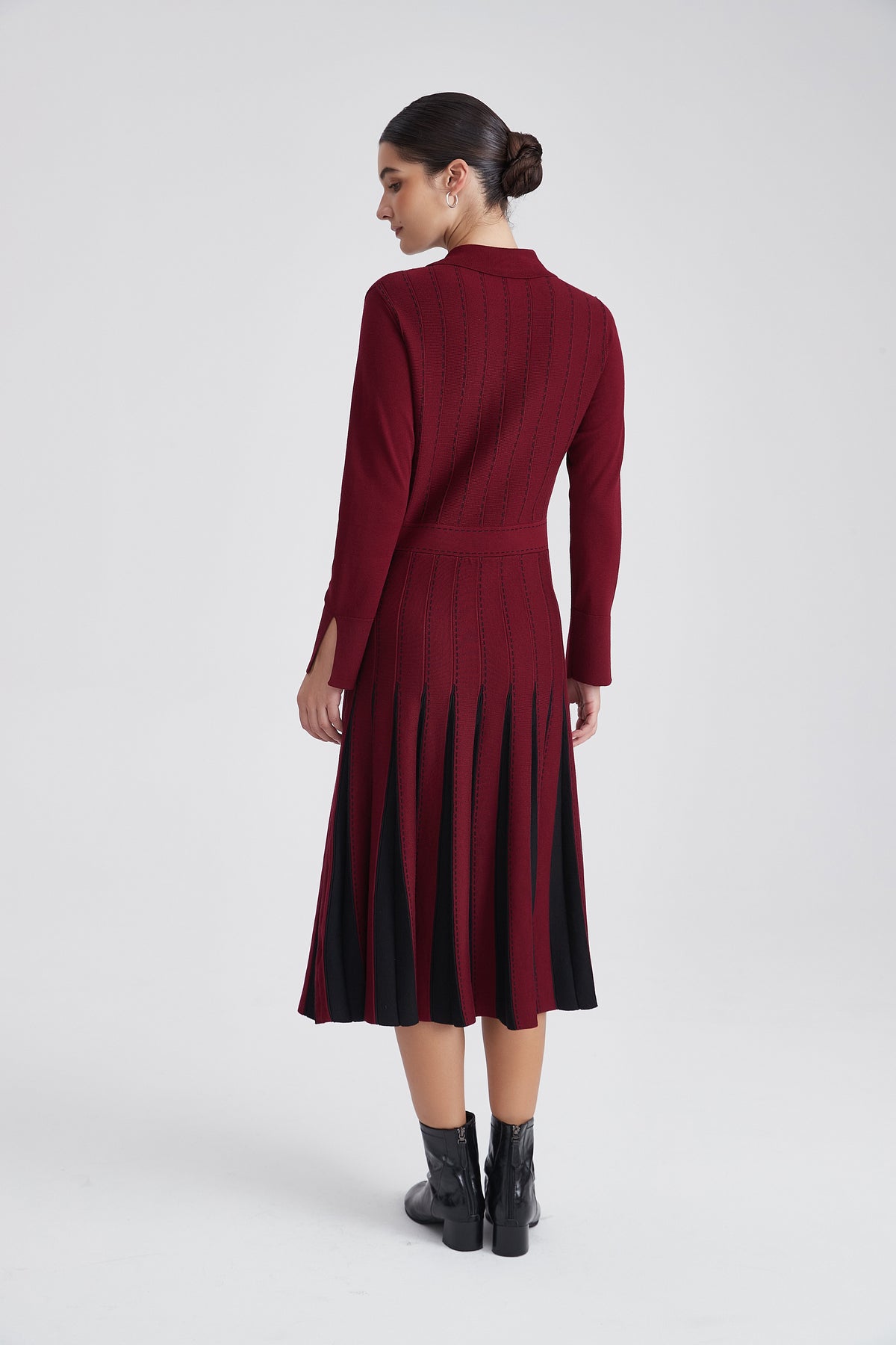 Knitted Polo Midi Dress with Two-Tone Pleated Skirt