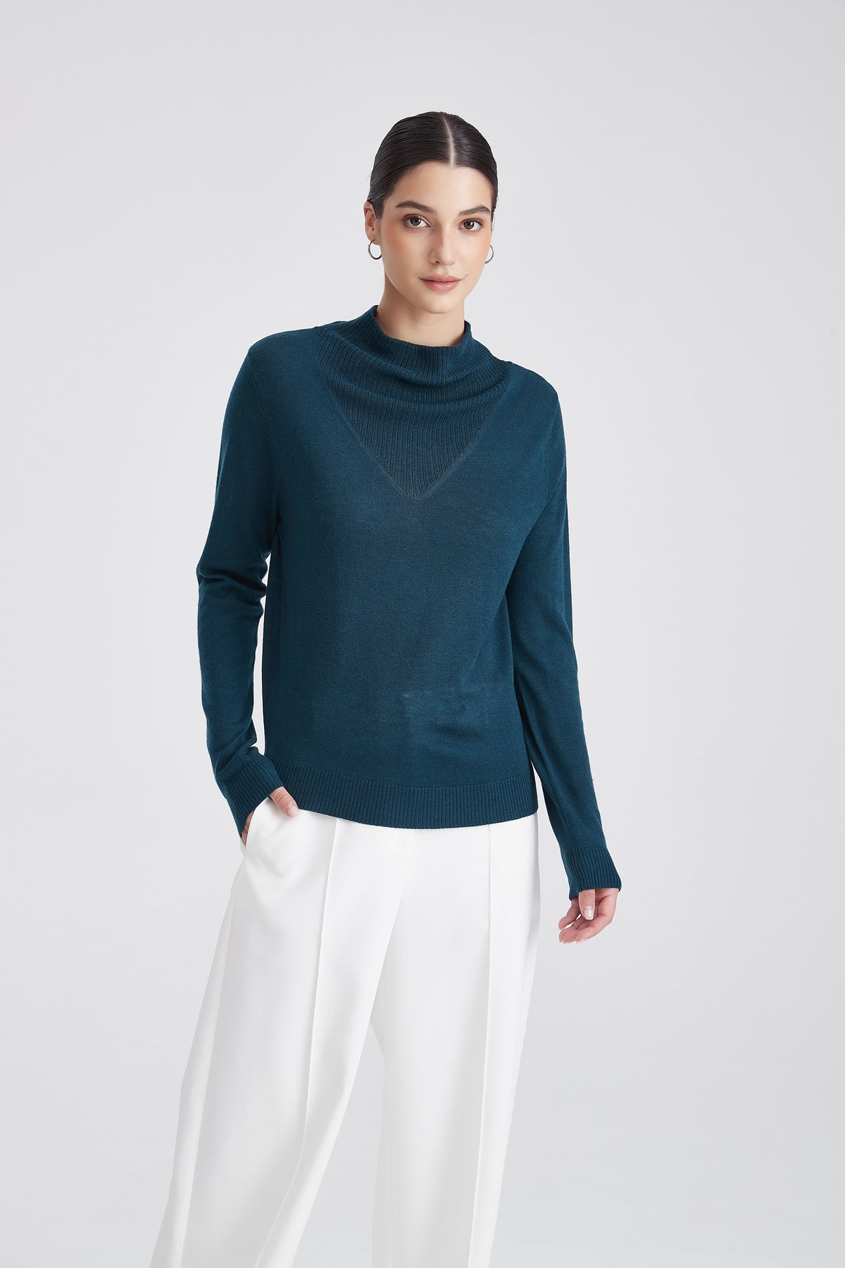High-Neck Knit Blouse with Layered V-Shaped Detail