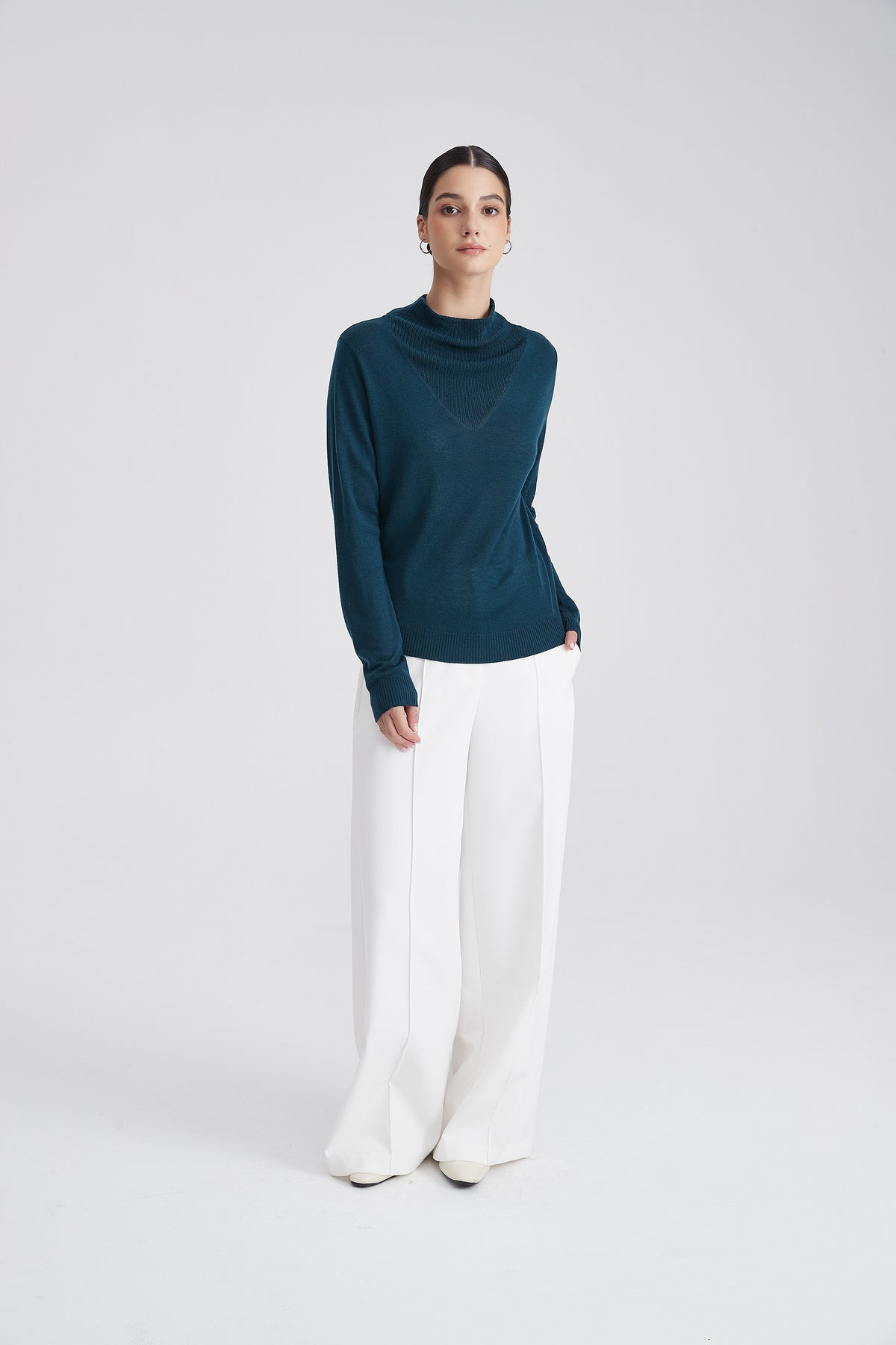 High-Neck Knit Blouse with Layered V-Shaped Detail