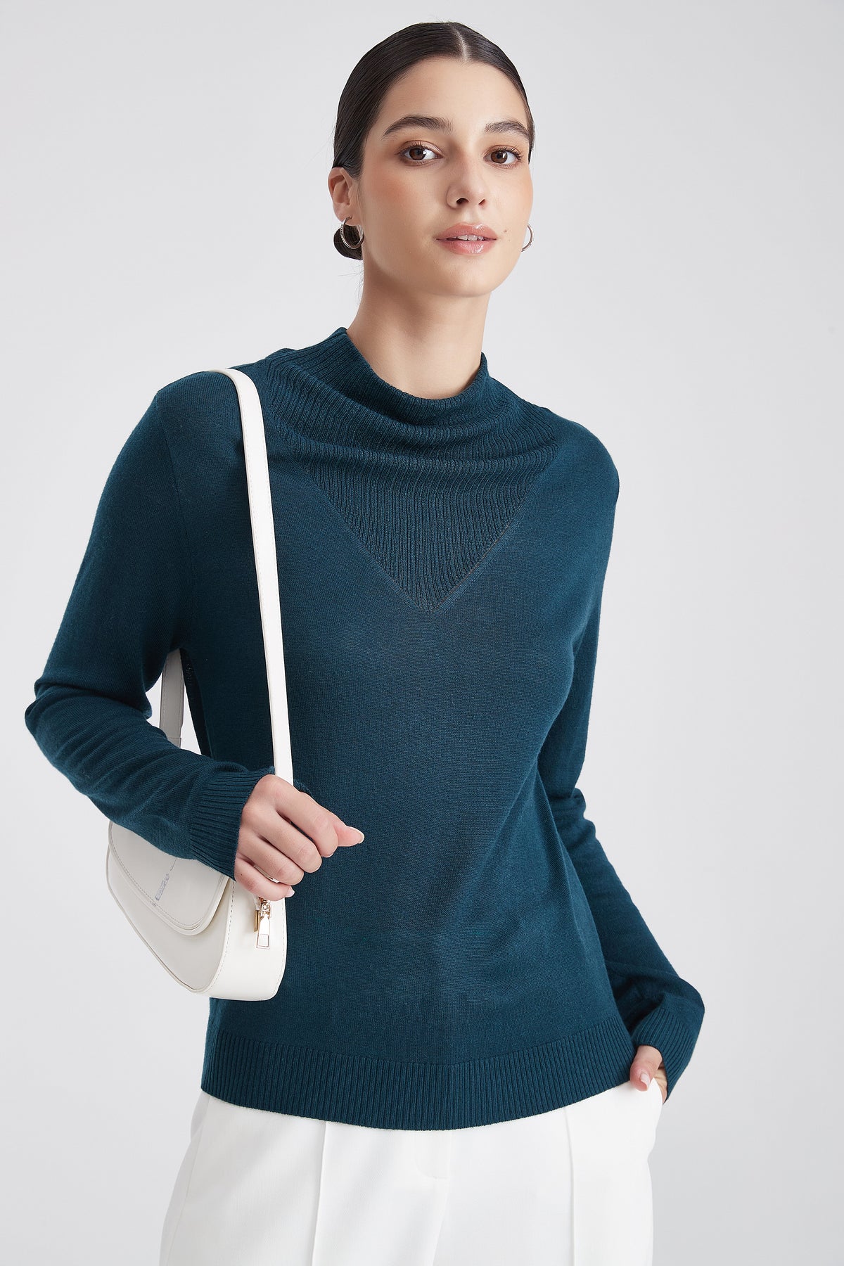 High-Neck Knit Blouse with Layered V-Shaped Detail