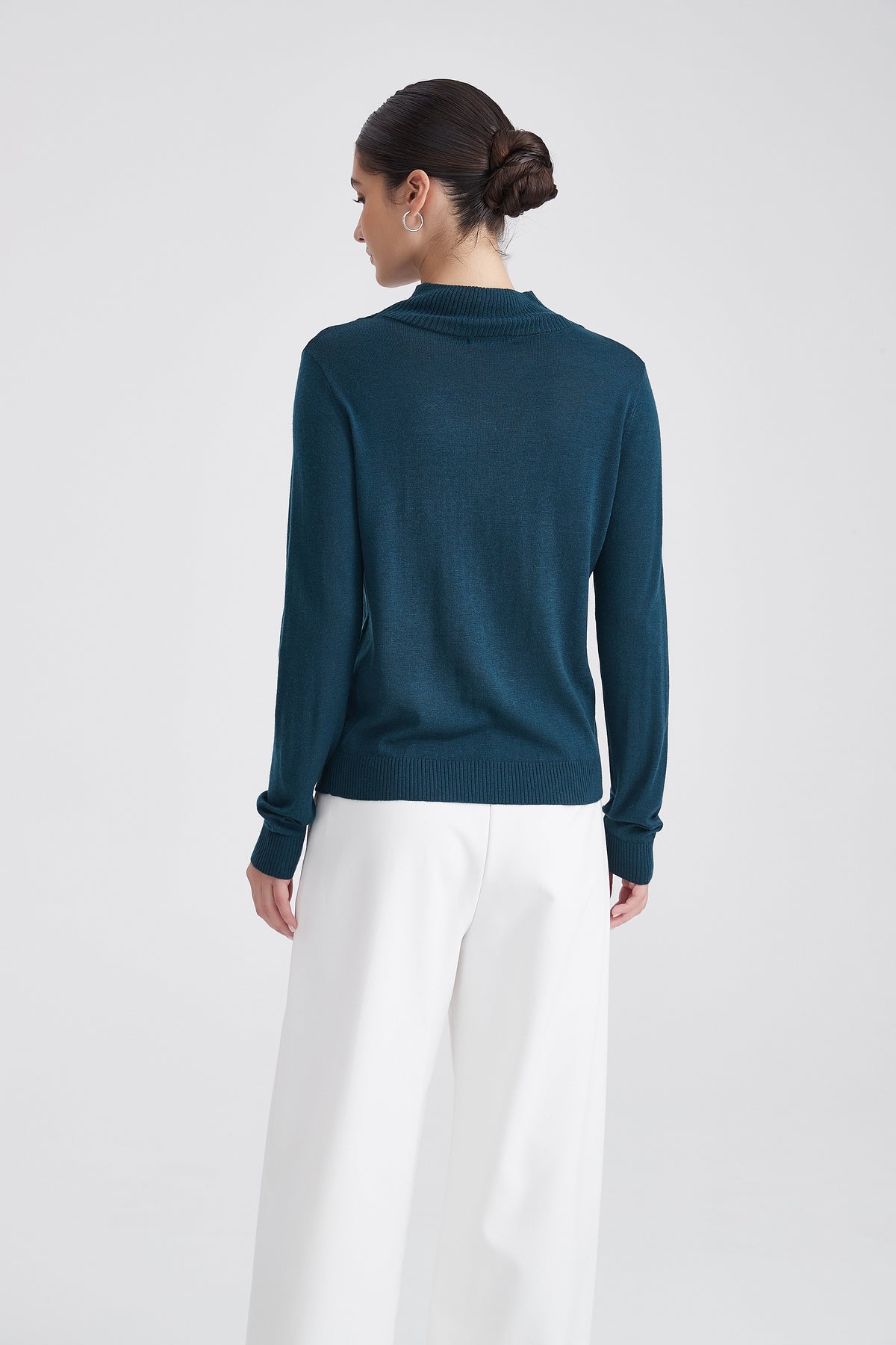 High-Neck Knit Blouse with Layered V-Shaped Detail
