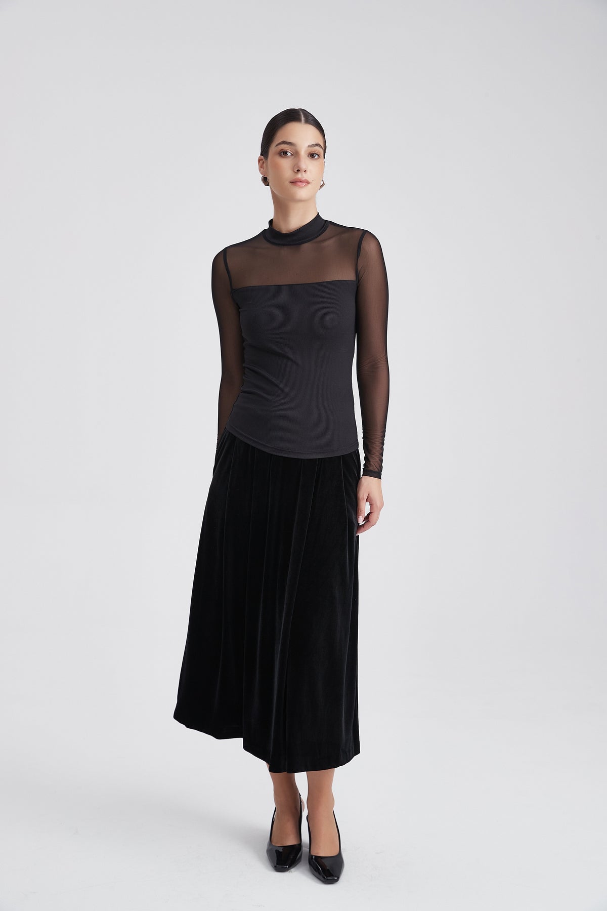 Sheer Long-Sleeve Top with High Neck
