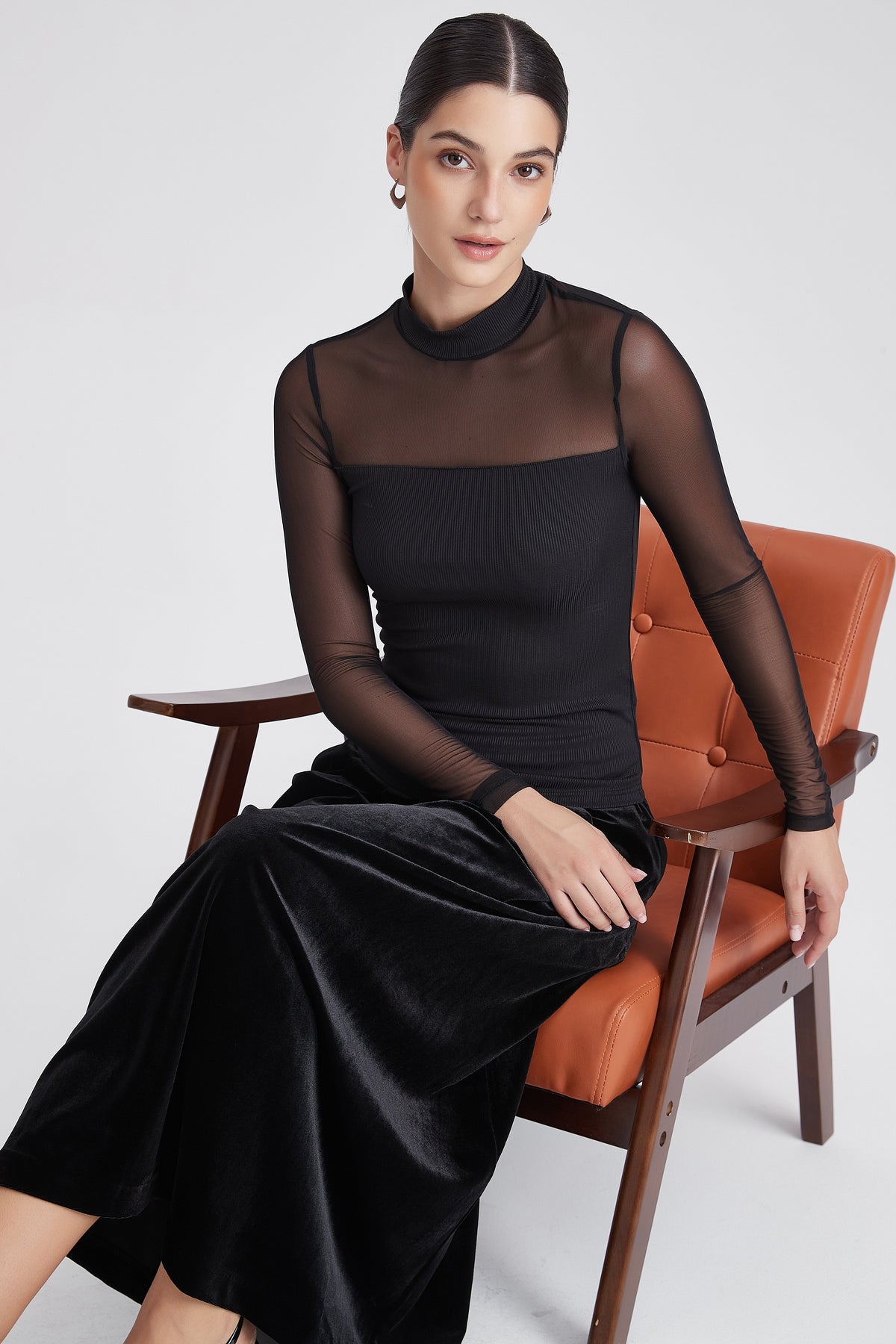 Sheer Long-Sleeve Top with High Neck