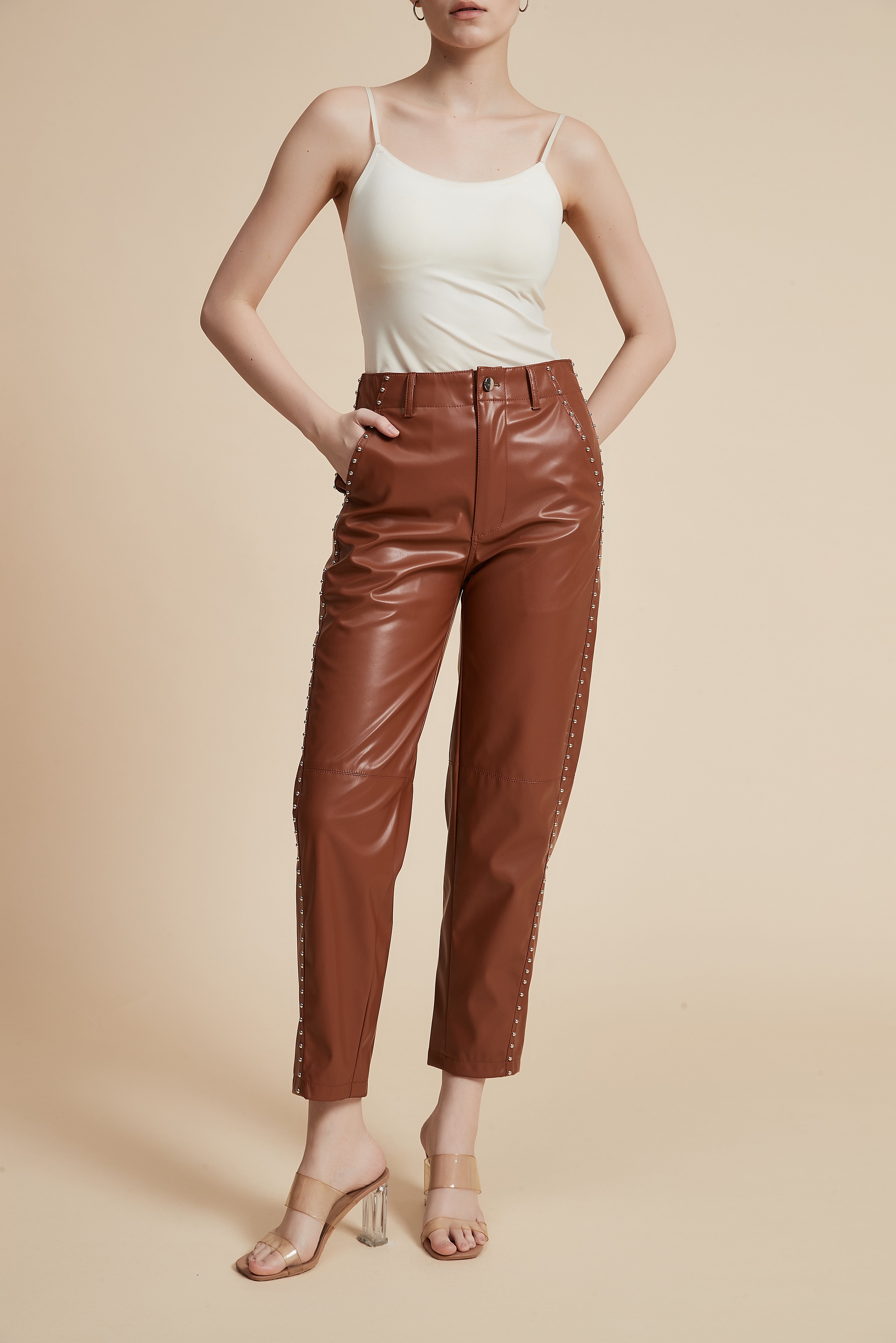 Embellished Leather Pants with Pockets