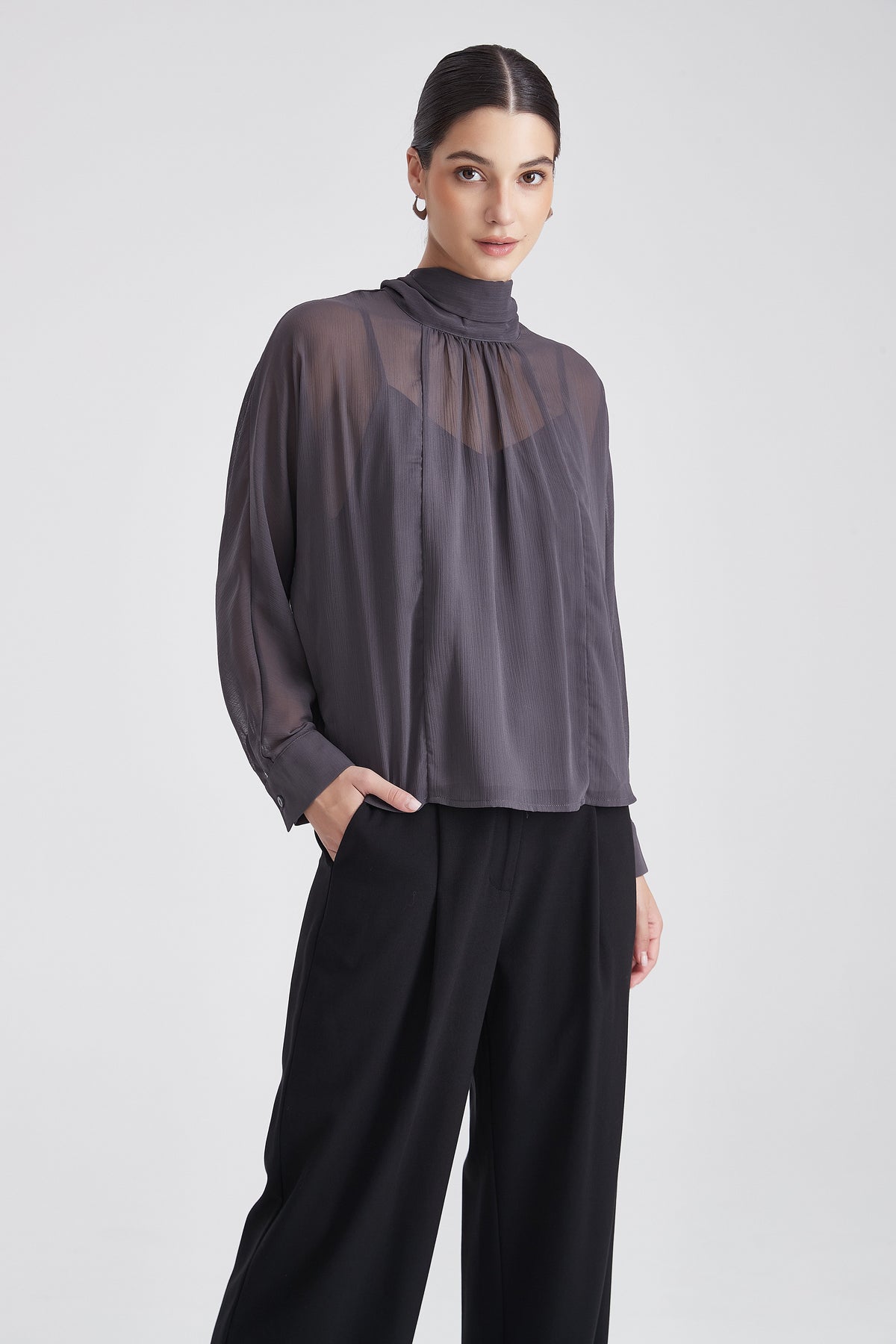 Sheer Chiffon Blouse with Gathered Neck and Long Sleeves