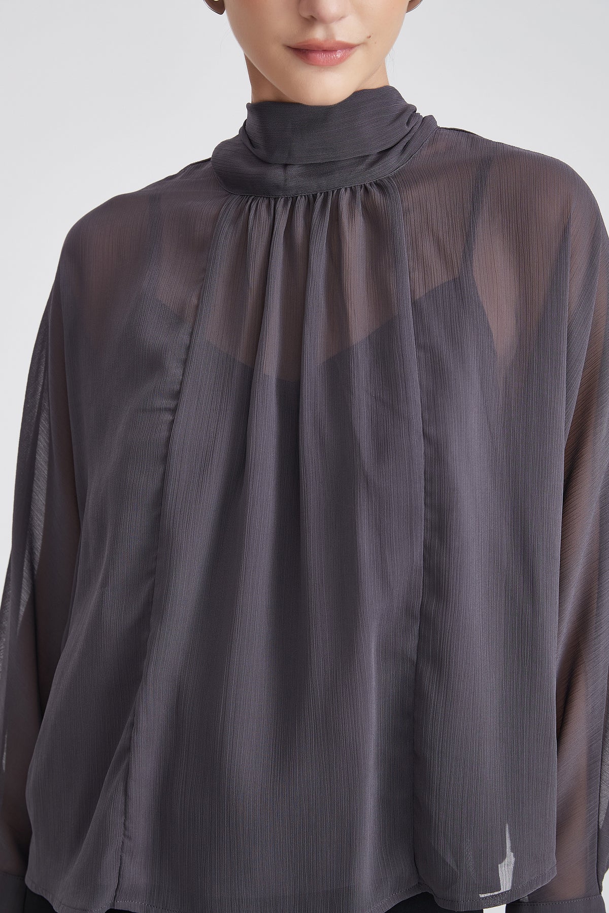 Sheer Chiffon Blouse with Gathered Neck and Long Sleeves