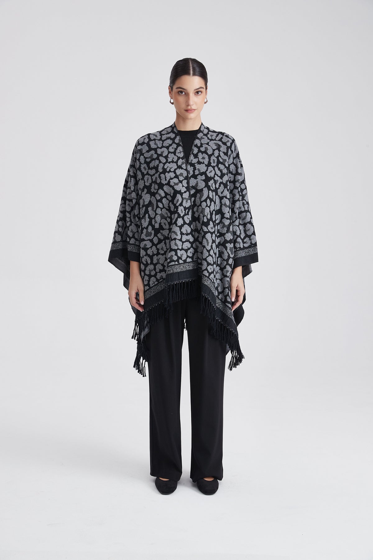 Tiger-Print Poncho with Fringes